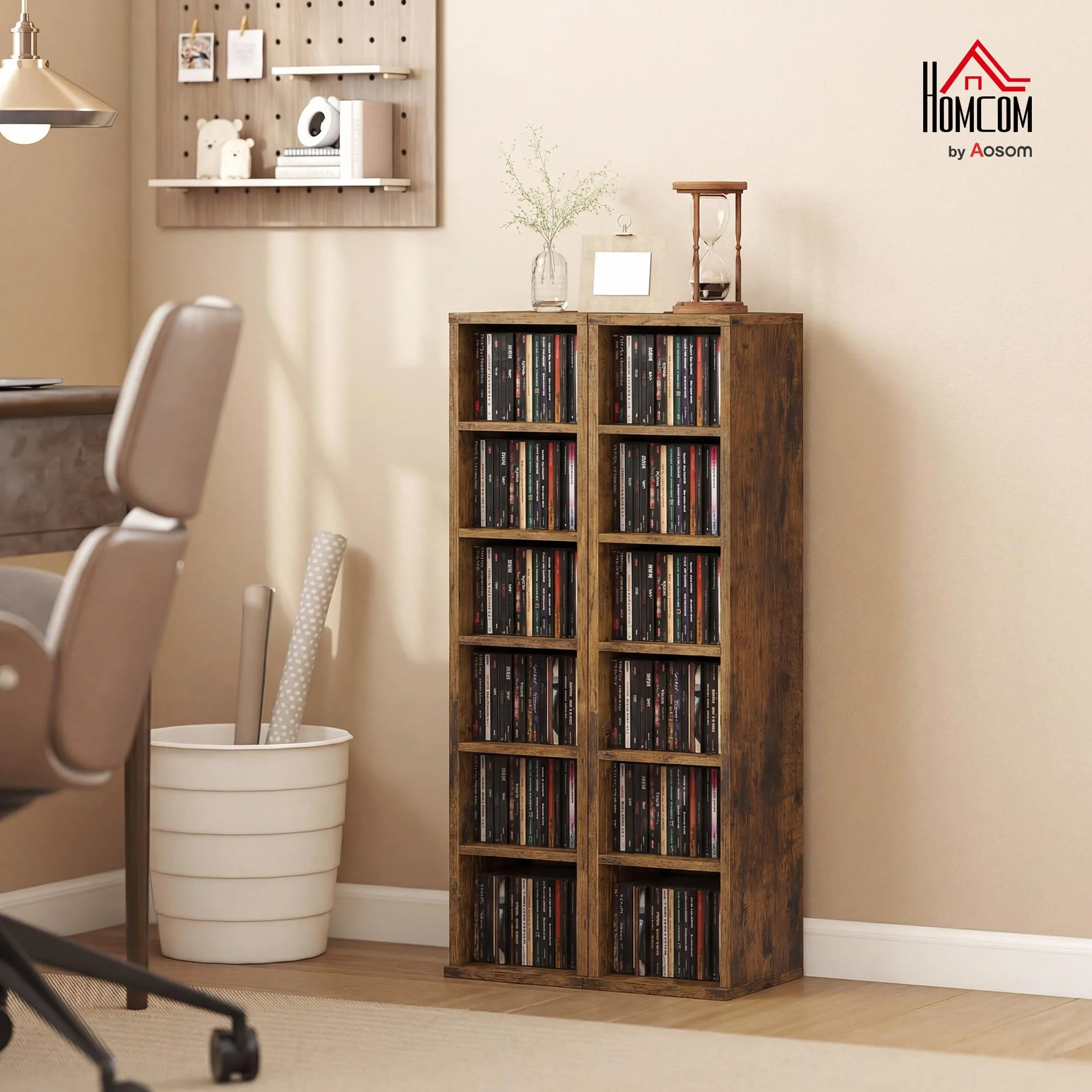 HOMCOM Scaffale Porta CD 2 Pezzi a 6 Ripiani, Scaffale Libreria in Legno per 204 CD ad Altezza Regolabile, 21x22.5x88.5 cm, Marrone Rustico