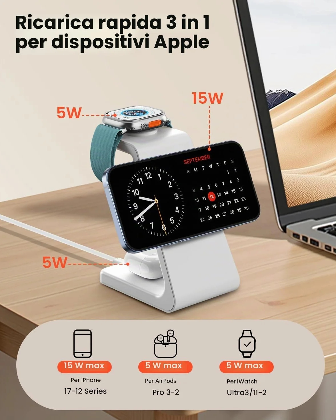 GEEKERA Certificato Stazione Ricarica per Apple, Caricatore Wireless Rapido 15W compatibile con Mag-Safe per iPhone Air/17-12, Stand Ricarica per Apple Watch, Base Carica per AirPods, Bianco e Grigio