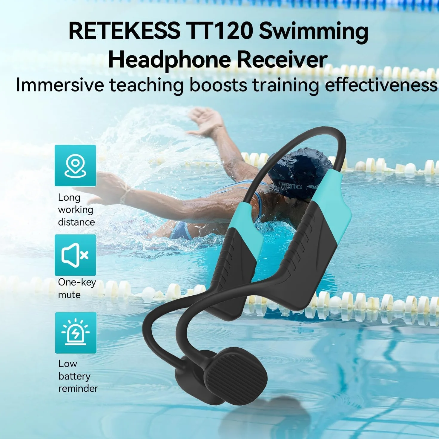 Retekess TT120 Ricevitore Cuffie Nuoto a Conduzione Ossea Impermeabile IP68 120M Comunicazione Subacqueo