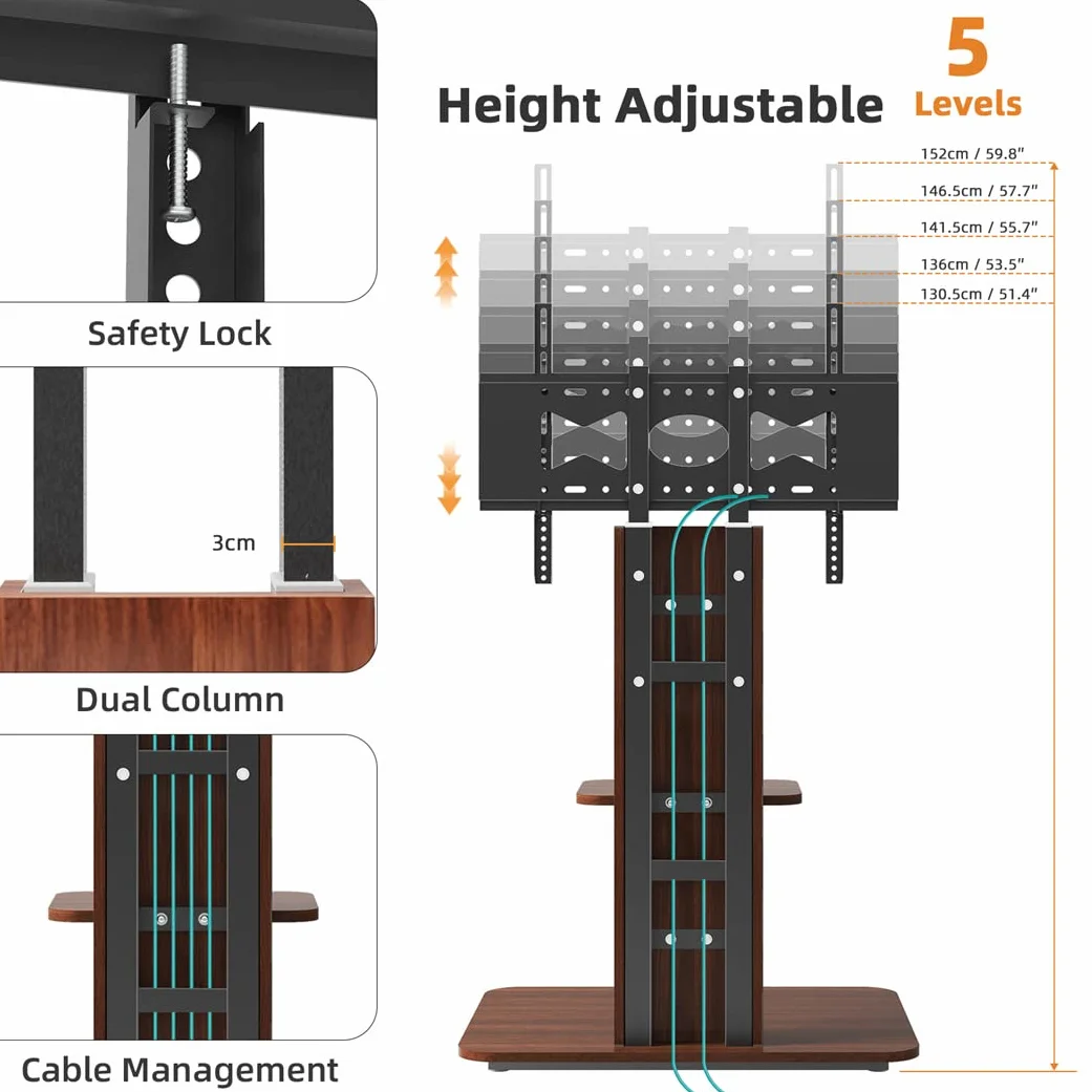 UNHO Supporto TV da Pavimento: Porta TV da Terra per Schermo 32-65 Pollici LED LCD Piedistallo TV con Staffa, 2 Ripiani in legno, Max VESA 600x400 mm, Fino a 40 kg