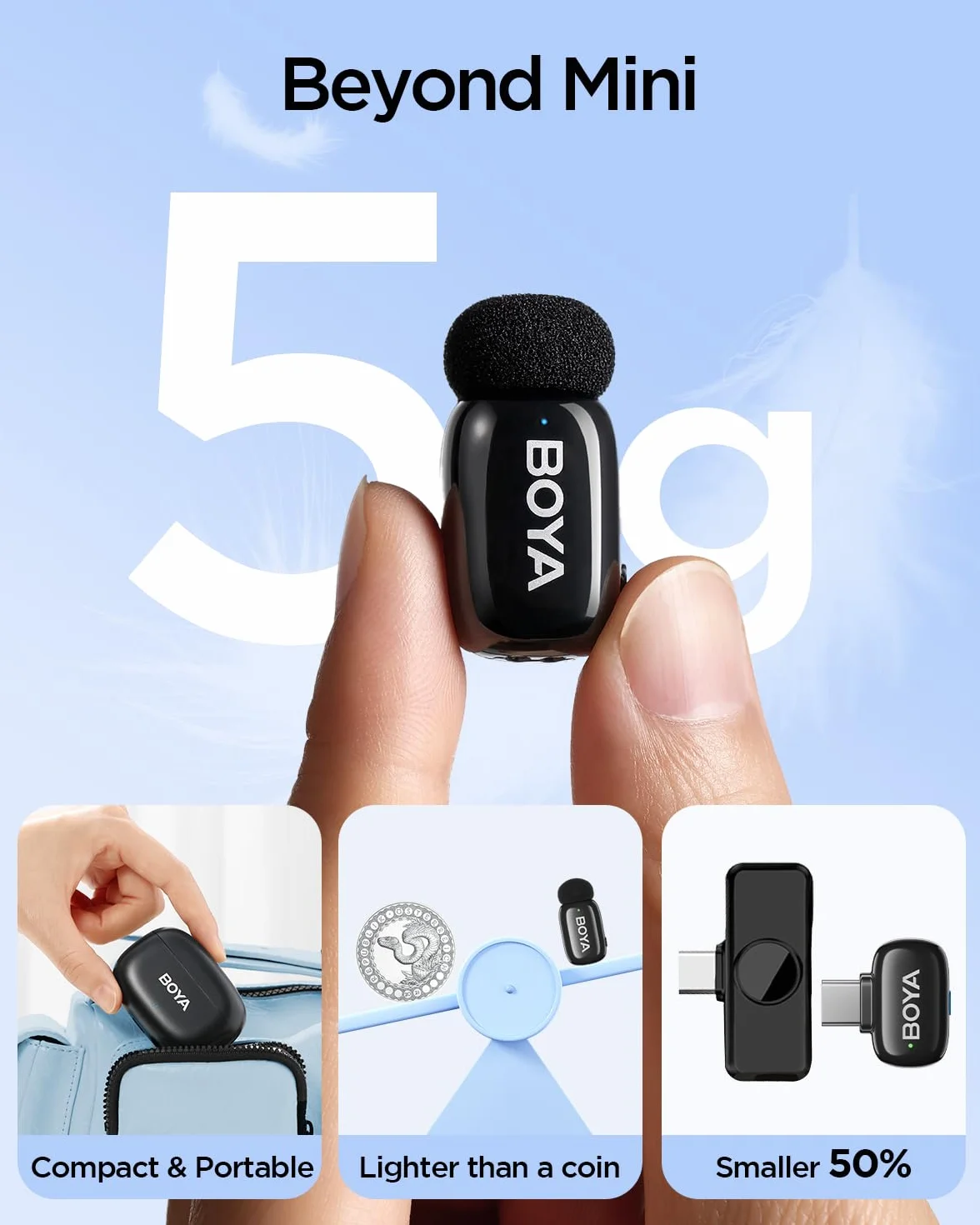 BOYA Mini 2 Microfono Wireless iPhone e Android, Microfono Lavalier Wireless per video social, 48kHz/24Bit, 100m di Portata, 30 Ore di Batteria, Cancellazione Del Rumore AI, TikTok