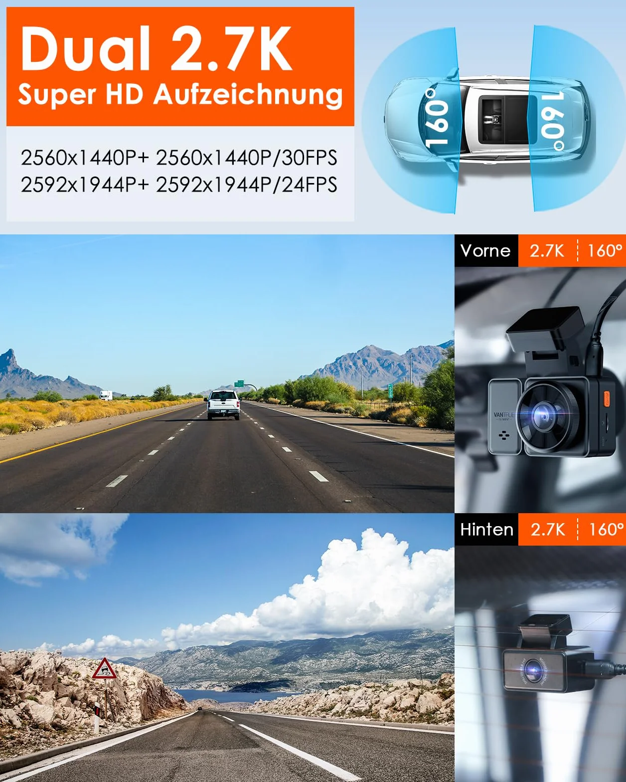 VANTRUE E2 2.7K+2.7K Dash Cam, 5GHz WiFi GPS Doppia 1944P Telecamera Per Auto, Dashcam Controllo senza Fili e Vocale, 24h. Modalità di Parcheggio Tampone, Visione Notturna WDR 2,45" 160 Gradi Max 512G