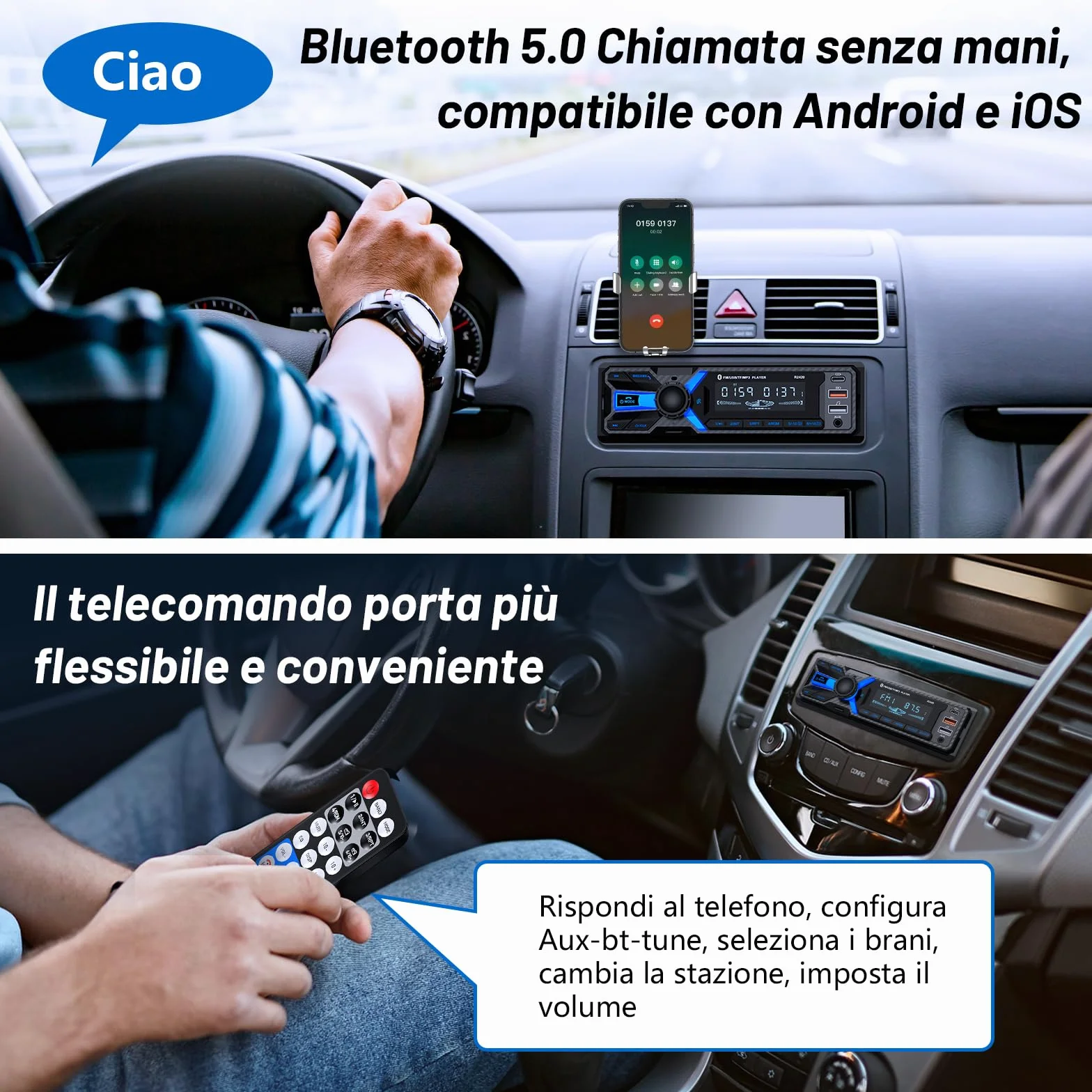 RDS Autoradio Bluetooth 1DIN z Portem USB-C FM/AM MP3 Stereo