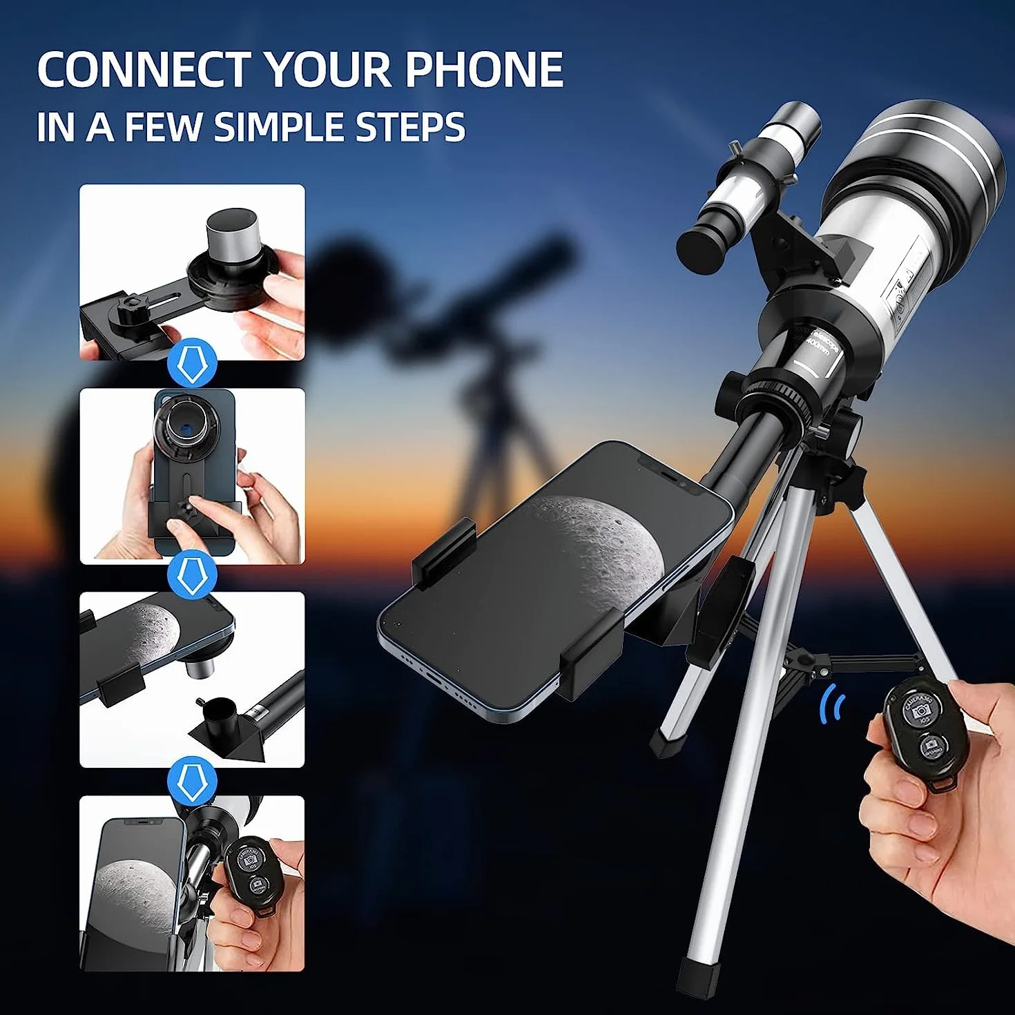 Telescopio refractor de 70 mm de apertura de 400 mm para principiantes de astronomía, telescopio refractario de alta potencia con trípode, revestimiento múltiple