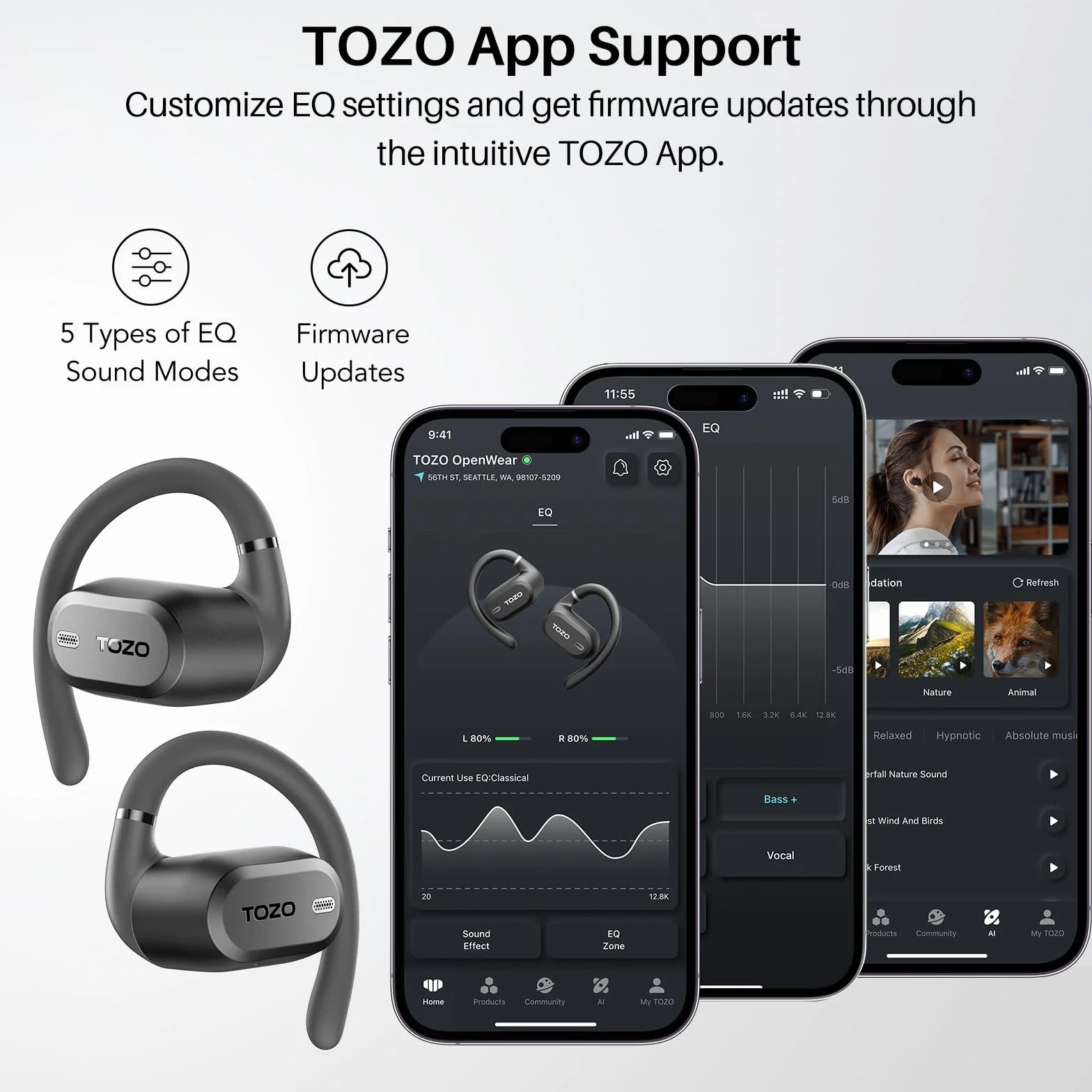 TOZO OpenWear Cuffie Bluetooth con ENC Chiamate, 14.2mm Driver 38 Ore, LED Schermo, Bassi Potenti, 5 EQ Modalità, Doppio Cardine Ultra Confort, Gancio Rotazione, Ricarica Rapida USB Tipo C Nero
