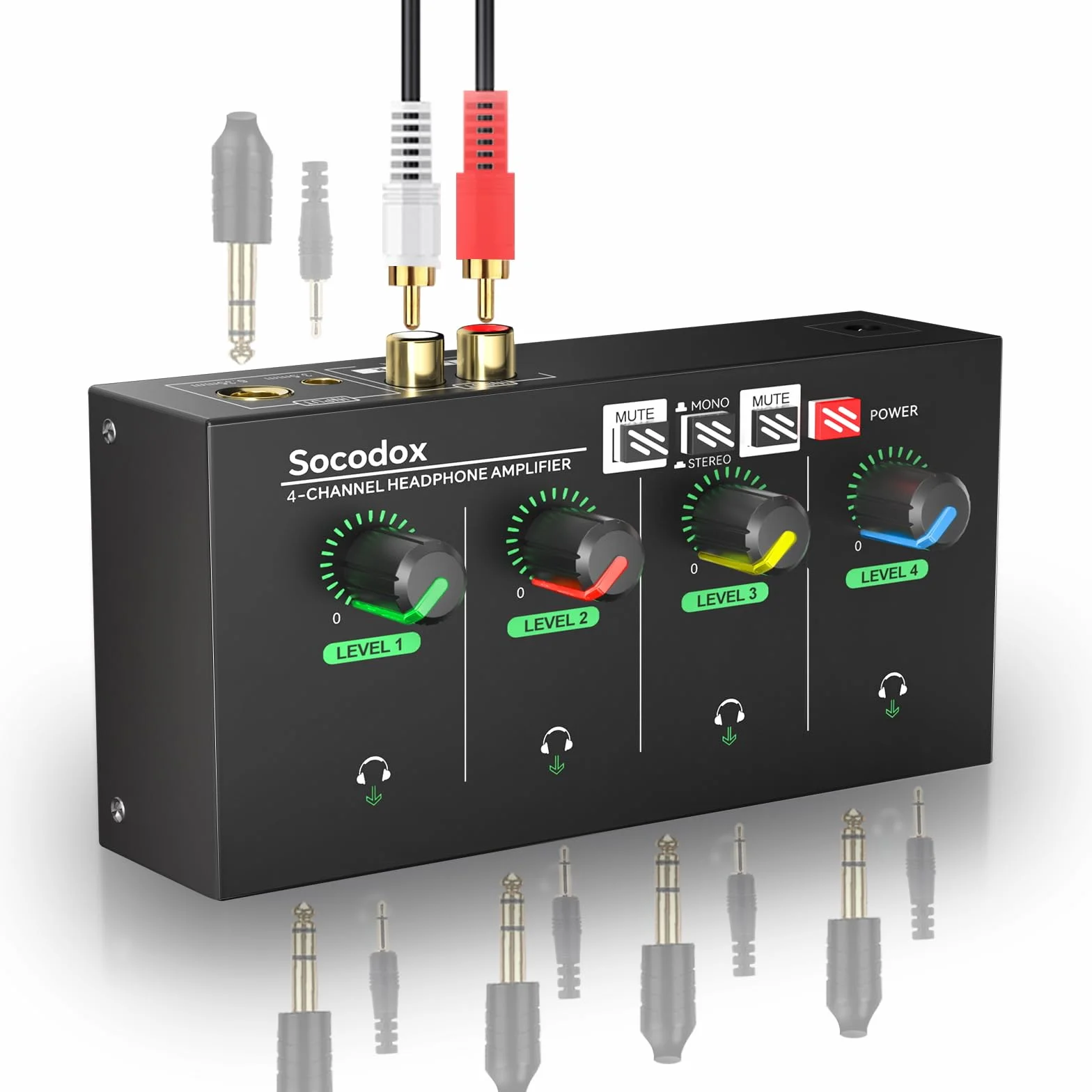 Amplificatore per Cuffie 4 Canali, Mixer Compatto in Metallo con 8 Uscite, Jack 3,5 mm/6,35 mm/RCA, Interruttore Stereo, Mute, Luce RGB