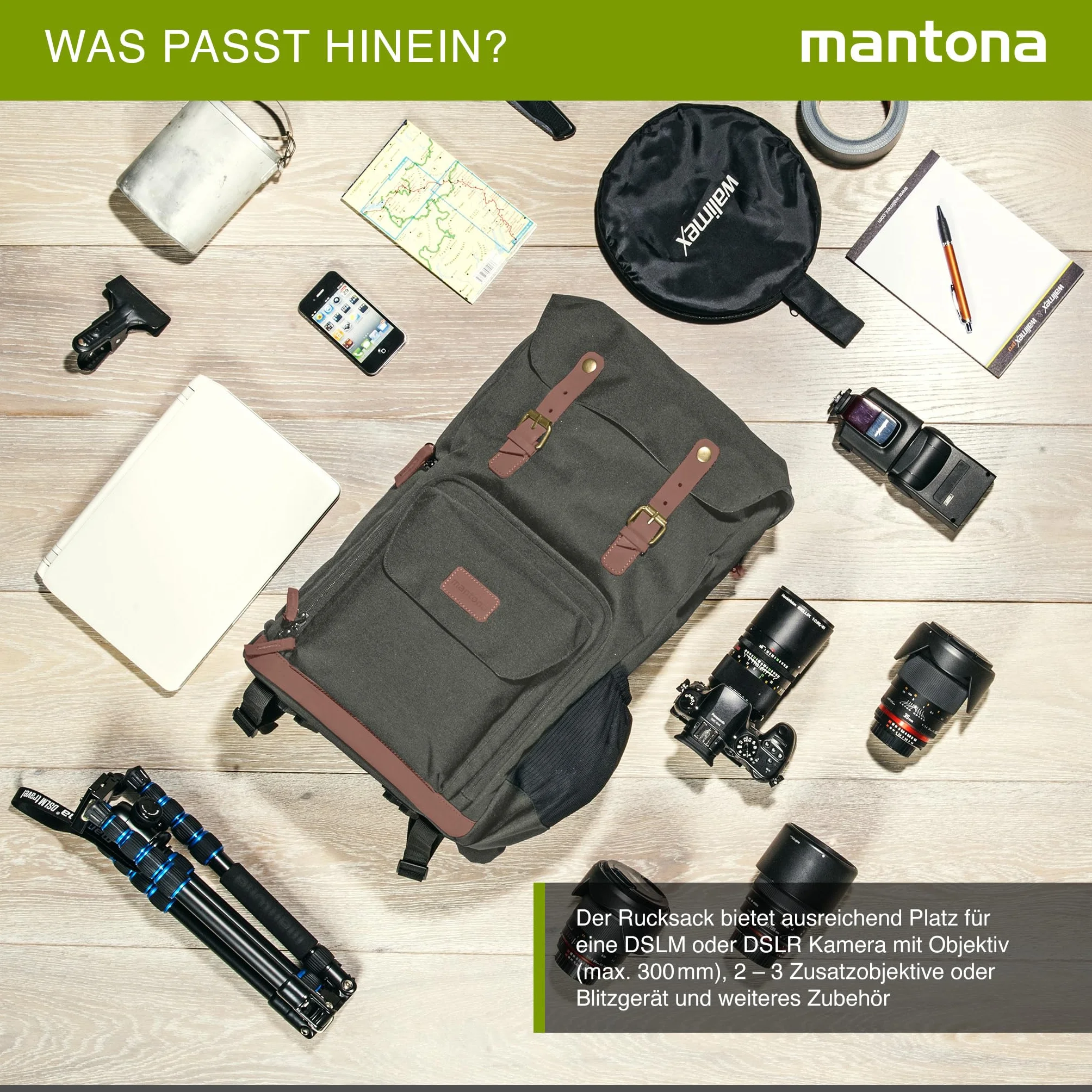 Mantona Luis Retro Zaino fotografico verde, per fotocamera con copertura antipioggia, borsa fotografica con scomparto per laptop, DSLR, 3 obiettivi e accessori fotografici