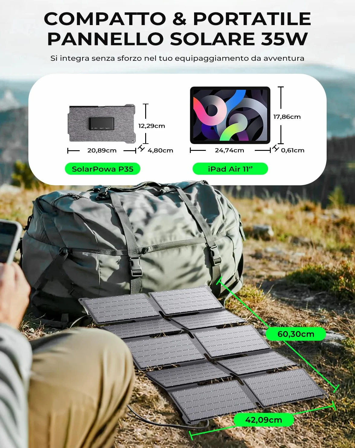 BigBlue Caricabatterie Solare Portatile 35W con Ricarica Rapida USB-A e PD25W USB-C per Camping e Trekking, 0,7 kg Impermeabile IP68, Caricabatterie Solare Pieghevole per iPhone/Android iPad Powerbank