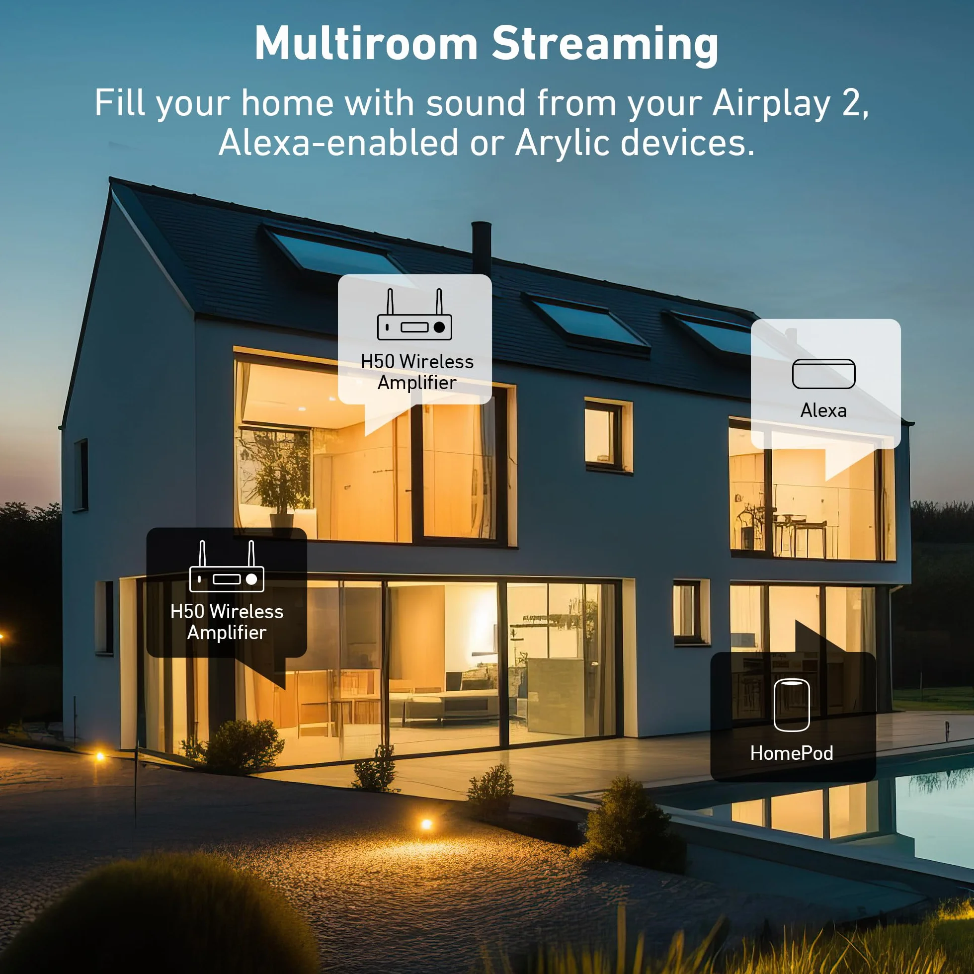 Arylic Amplifier WiFi H50 Hi-Fi Multiroom con Bluetooth aptX HD, HDMI ARC, Airplay 2 & Spotify Streaming. Supporta trasmissione musicale HD 192 Khz/24 bits. Amplificatore 50 W x 2.