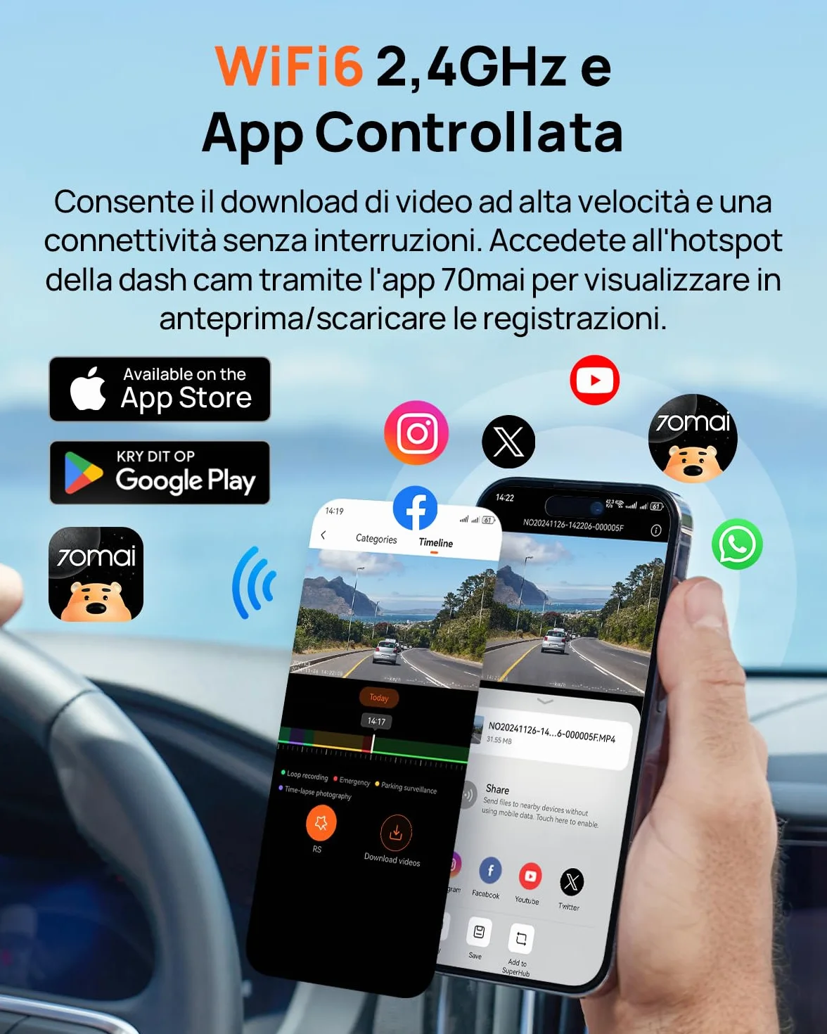 70mai A800SE Dashcam 4K+1080P GPS WiFi Doppia Telecamera Fronte/Retro con SD 128GB F1.55 HDR Visione Notturna ADAS Schermo 3" Parcheggio 24/7