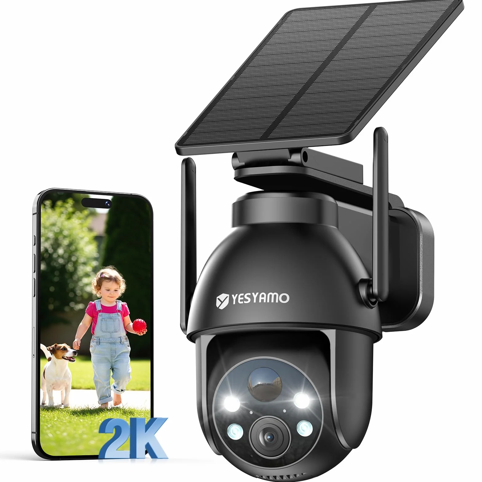 YESYAMO 2K Telecamera WiFi Esterno Senza Fili Pannello Solare, Videocamera Sorveglianza a Batteria 360° PTZ Visione Notturna Colori Audio Bidirezionale IP66