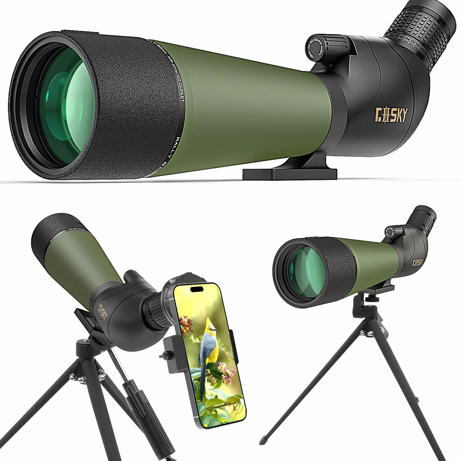 Gosky Cannocchiale da 20 – 60 x 80 cm, con treppiede, borsa per il trasporto e adattatore per smartphone, telescopio angolato BAK4, impermeabile per tiro, caccia, bird watching, paesaggi della fauna