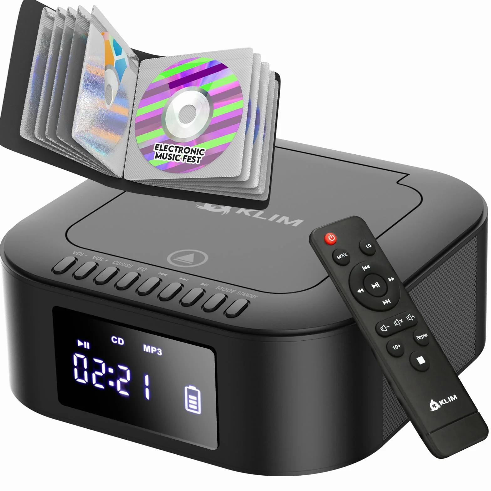 KLIM Lettore CD Stereo Boombox E1 - BASS Boost con Subwoofer - FM Radio con Lettore CD e USB, Bluetooth, AUX - Stereo casa - Filo o Wireless - Batteria ricaricabile, Telecomando - Custodie Disc