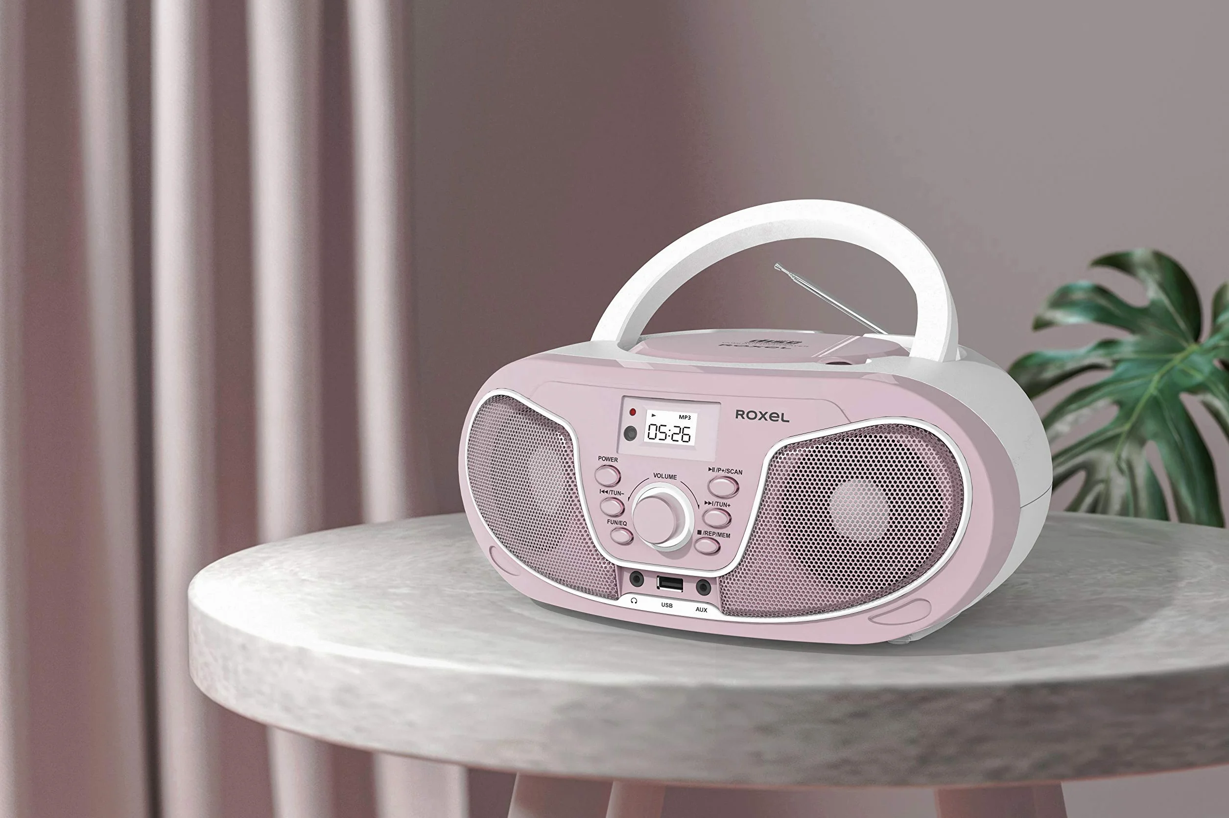 Roxel RCD-S70BT Boombox portatile lettore CD con telecomando, radio FM, riproduzione MP3 USB, ingresso AUX da 3,5 mm, jack per cuffie, display a LED, streaming musicale wireless (rosa)