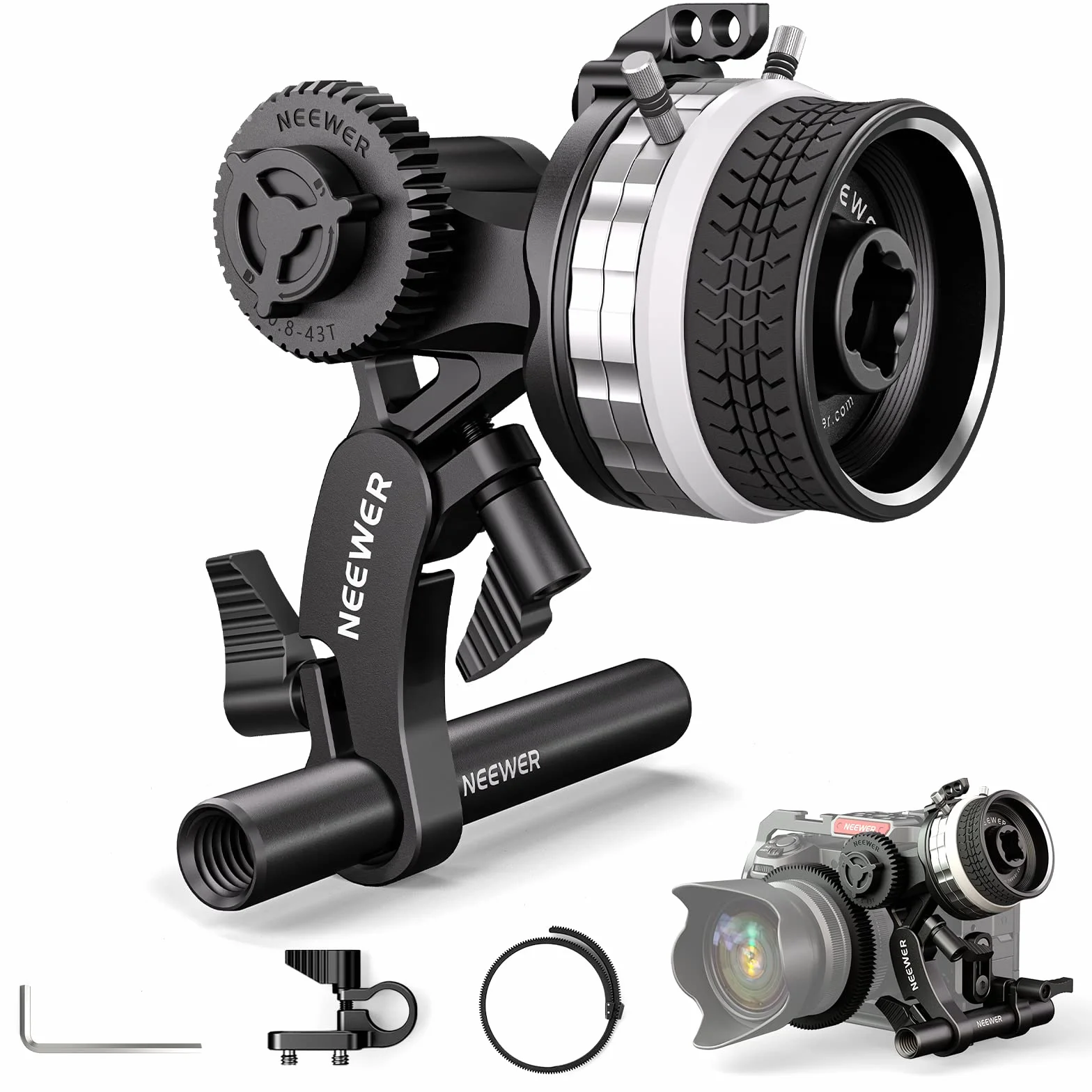 NEEWER Mini Follow Focus con attacchi A/B, corona dentata, asta da 15 mm e morsetto per fotocamera a film, fotocamera DSLR/senza specchio, compatibile con lenti di diametro fino a 114 mm, PG001