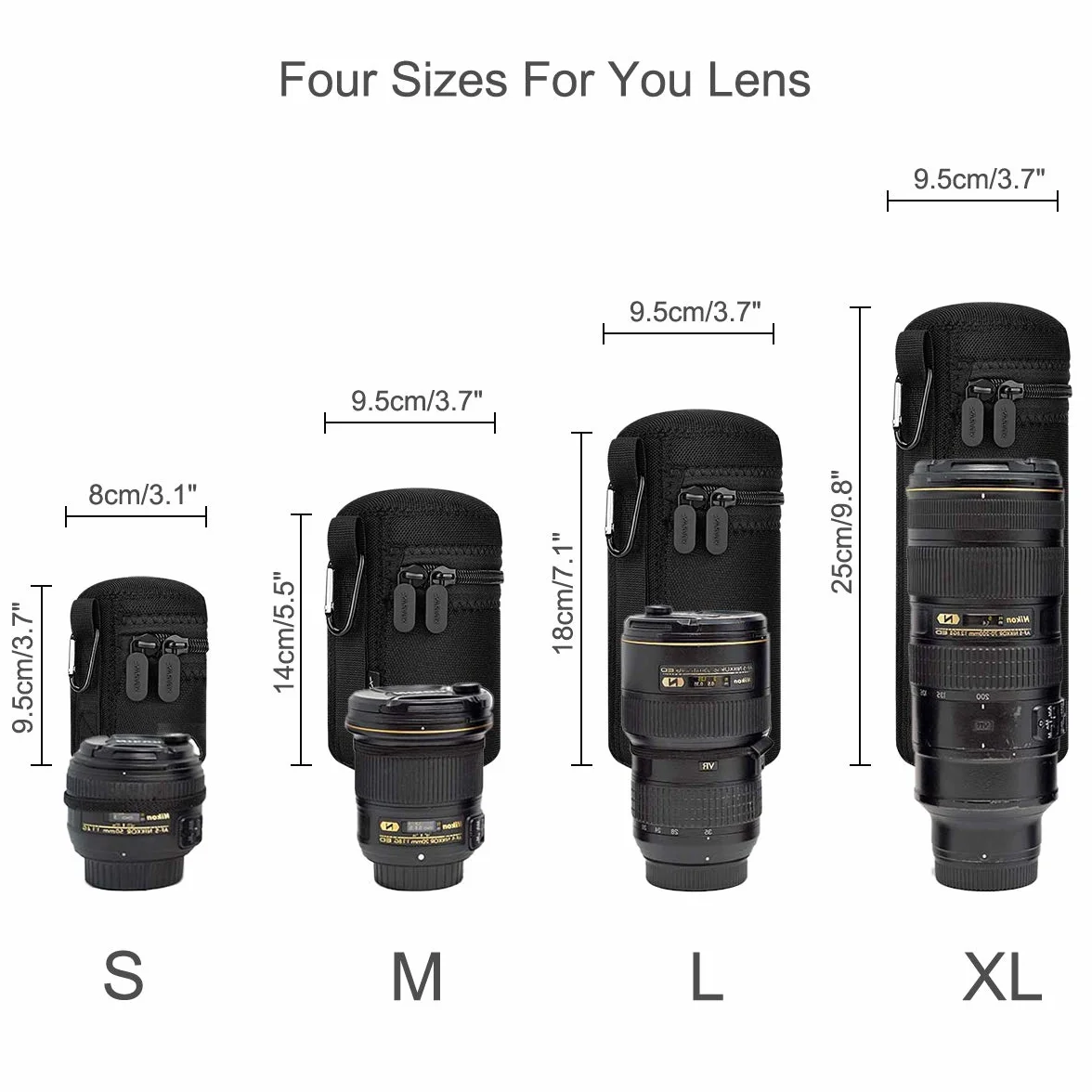 Arvok Sacchetti Lenti, 4 Custodia per Obiettivo Set per Proteggere Lenti DSLR, Neoprene con Morbida Spessore in Peluche per Nikon, Tamron, Sigma, Pentax, Sony(Piccola, Media, Grande e XL) (Nero)