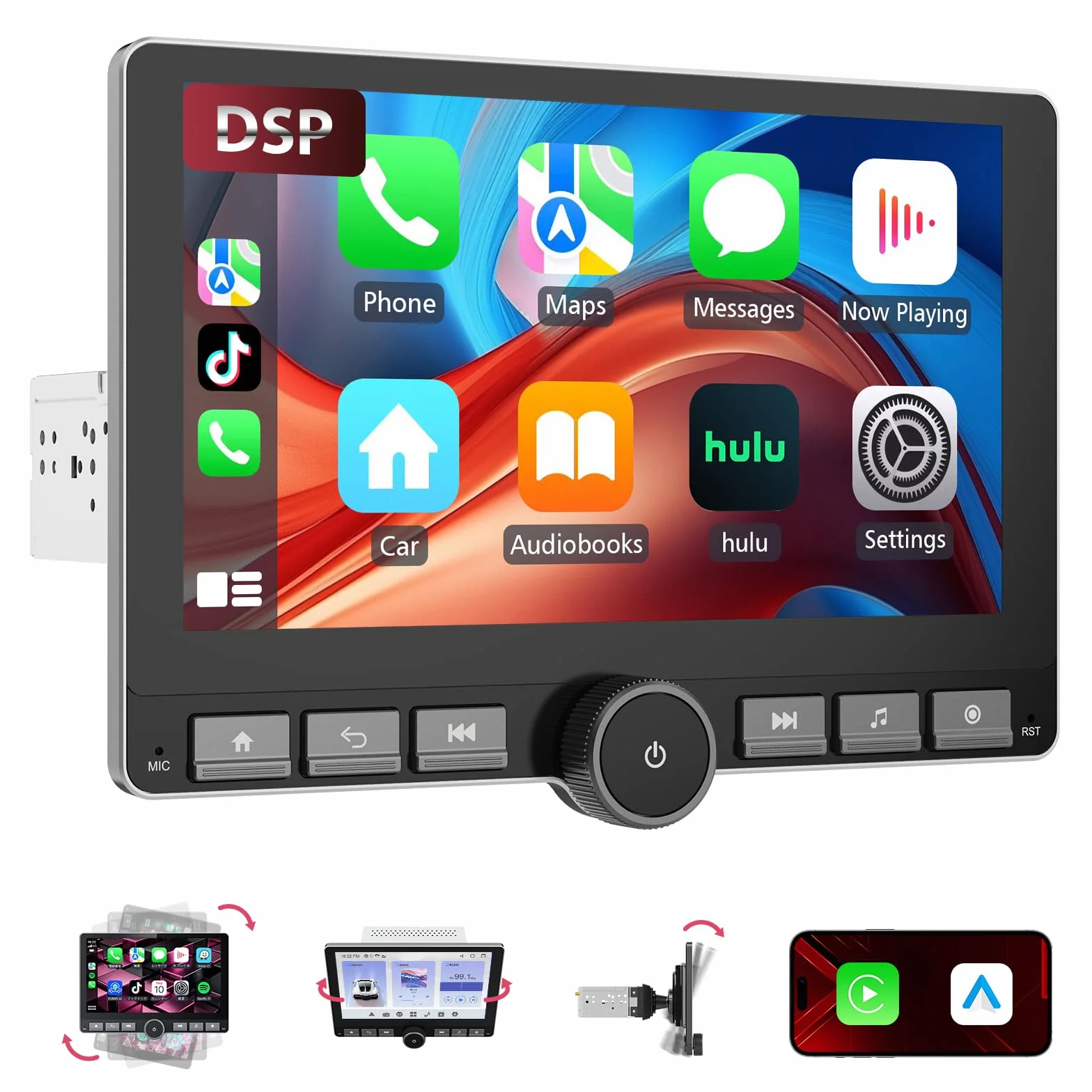 Haudio Autoradio Girevole 360°, 1 Din DSP Car Stereo, Schermo IPS da 10,1 Pollici Carplay e Android Auto, Car Play con Camera Posteriore,Mirror Link,Controllo Vocale Radio AM/FM/RDS con Pulsante 2+64G