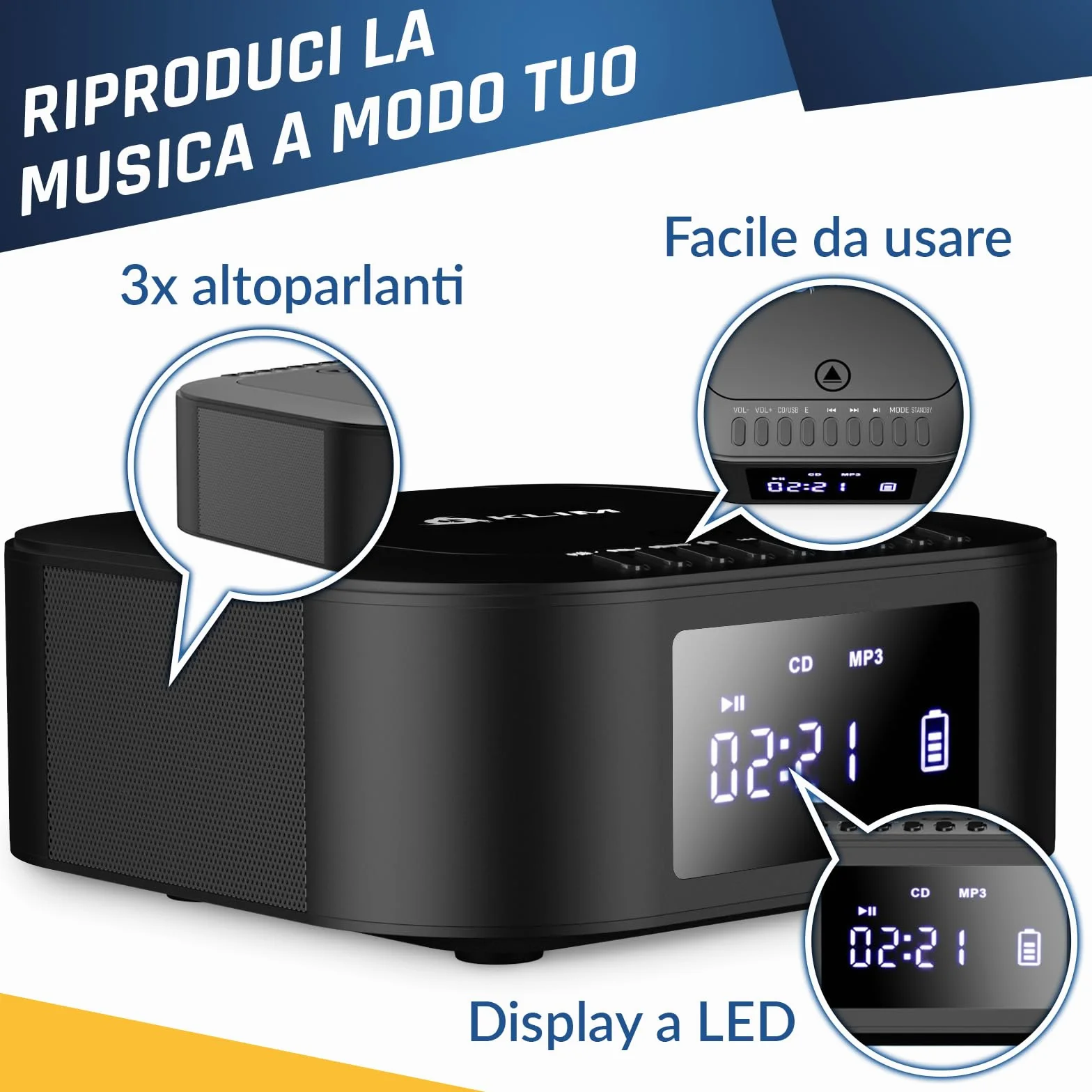 KLIM Lettore CD Stereo Boombox E1 - BASS Boost con Subwoofer - FM Radio con Lettore CD e USB, Bluetooth, AUX - Stereo casa - Filo o Wireless - Batteria ricaricabile, Telecomando - Nero/Argento