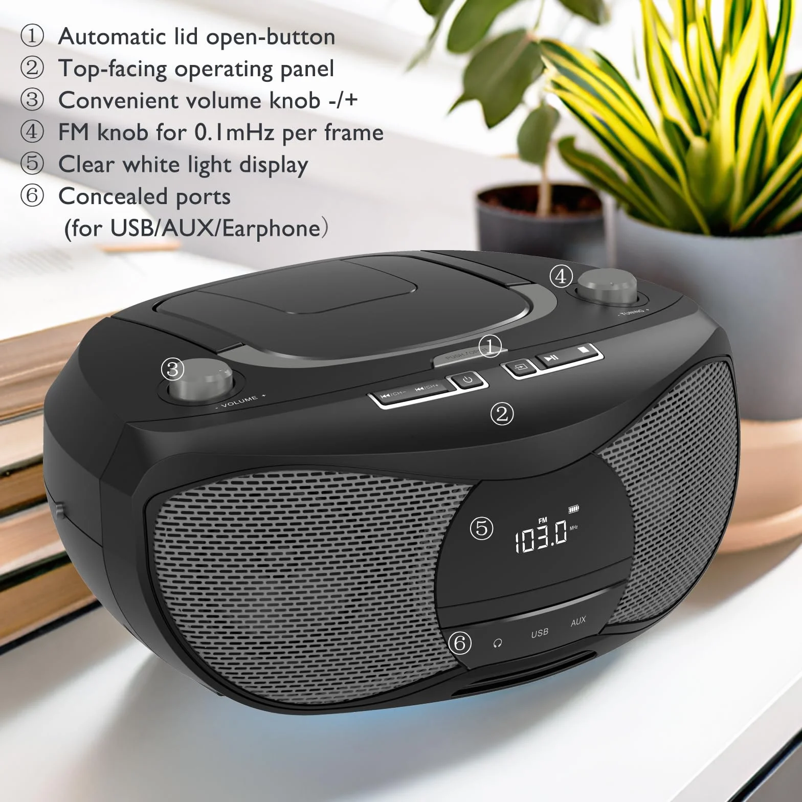 LONPOO Stereo Lettore CD portatile Bluetooth Boombox Connettività Radio FM, USB, AUX, Uscita cuffie, 5W RMS HiFi Altoparlanti (LP-D12)