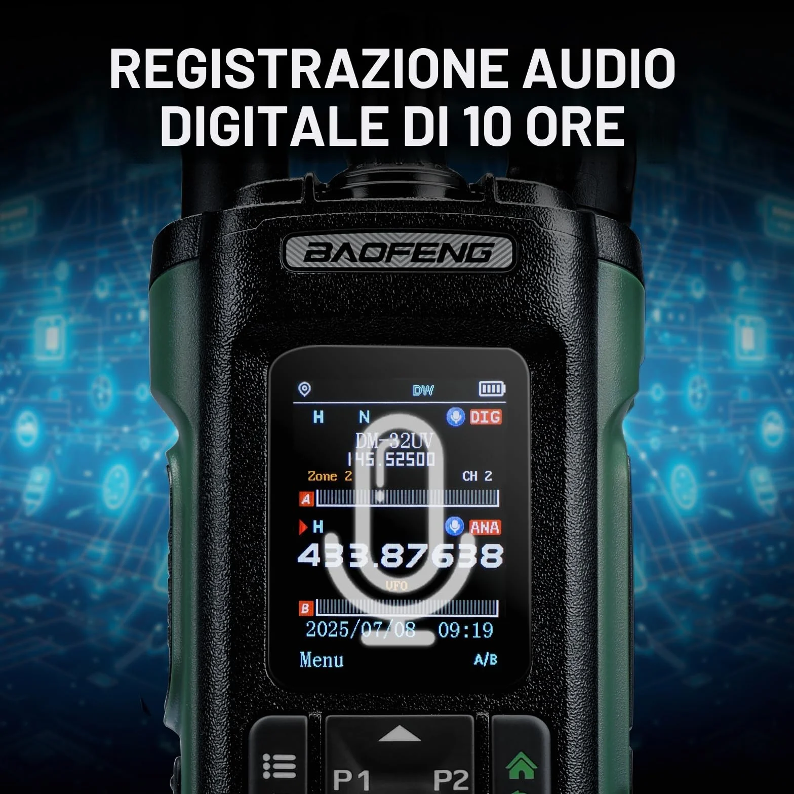 Radio BAOFENG DM-32UV DMR 10W portatile UHF/VHF/AM/FM con GPS e APRS digitale, doppio slot Tier II, display 2", 4000 canali, zielona