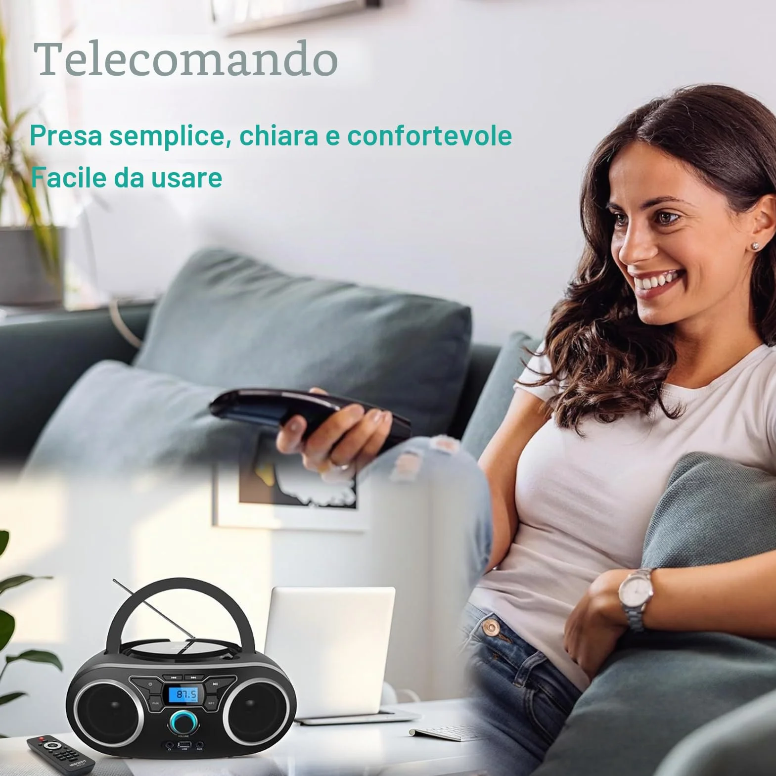 WISCENT Lettore CD Boombox Portatile - Stereo con Radio FM, Ingresso Bluetooth, USB, AUX, Uscita Auricolari, Audio Domestico Compatto, AC o Alimentato a Batteria