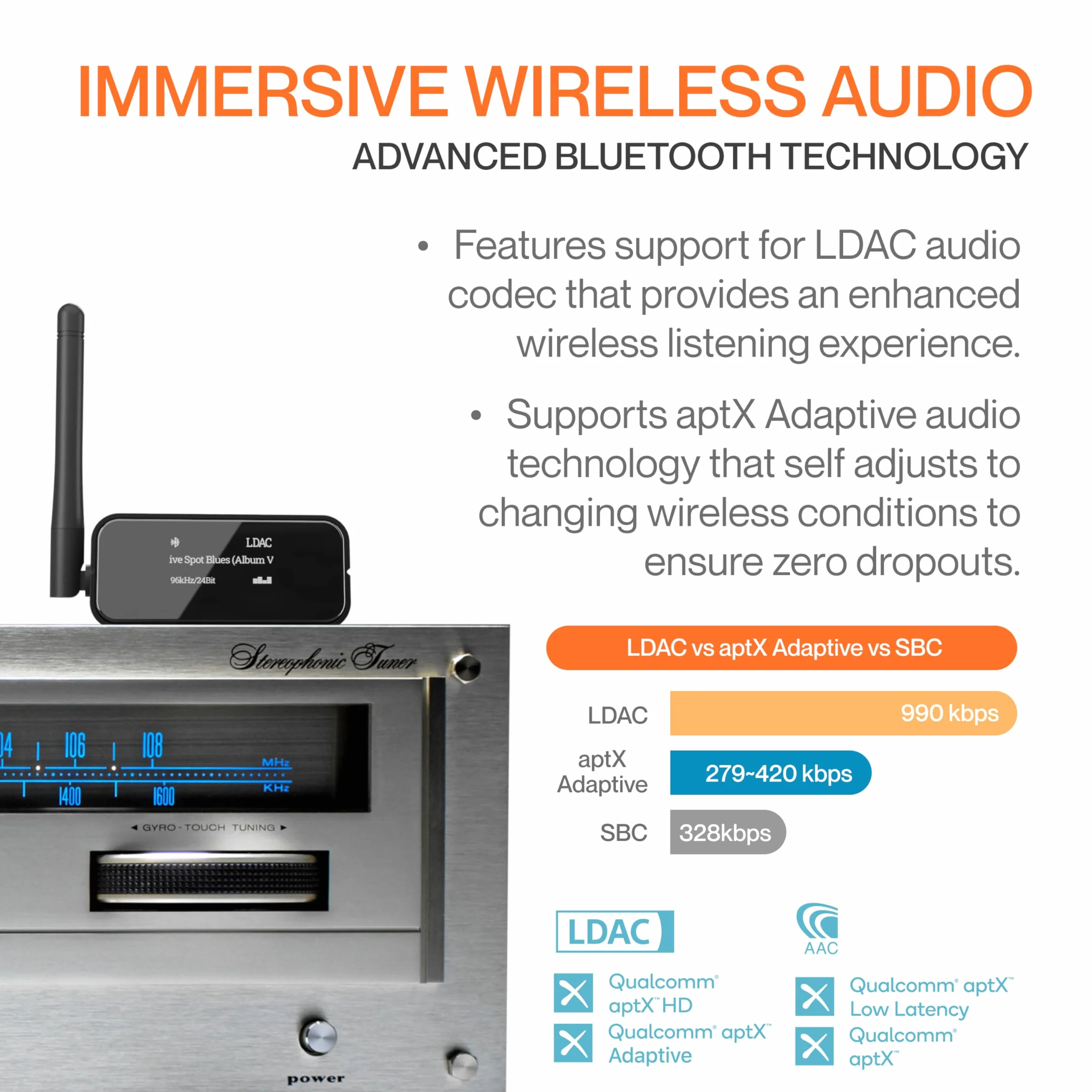 Auris Blume Pro - Ricevitore musicale Hi-Fi Bluetooth 5.0, adattatore Bluetooth con DAC, LDAC, AptX HD, display OLED, uscita AUX coassiale ottica per home stereo, ricevitore AV o amplificatore