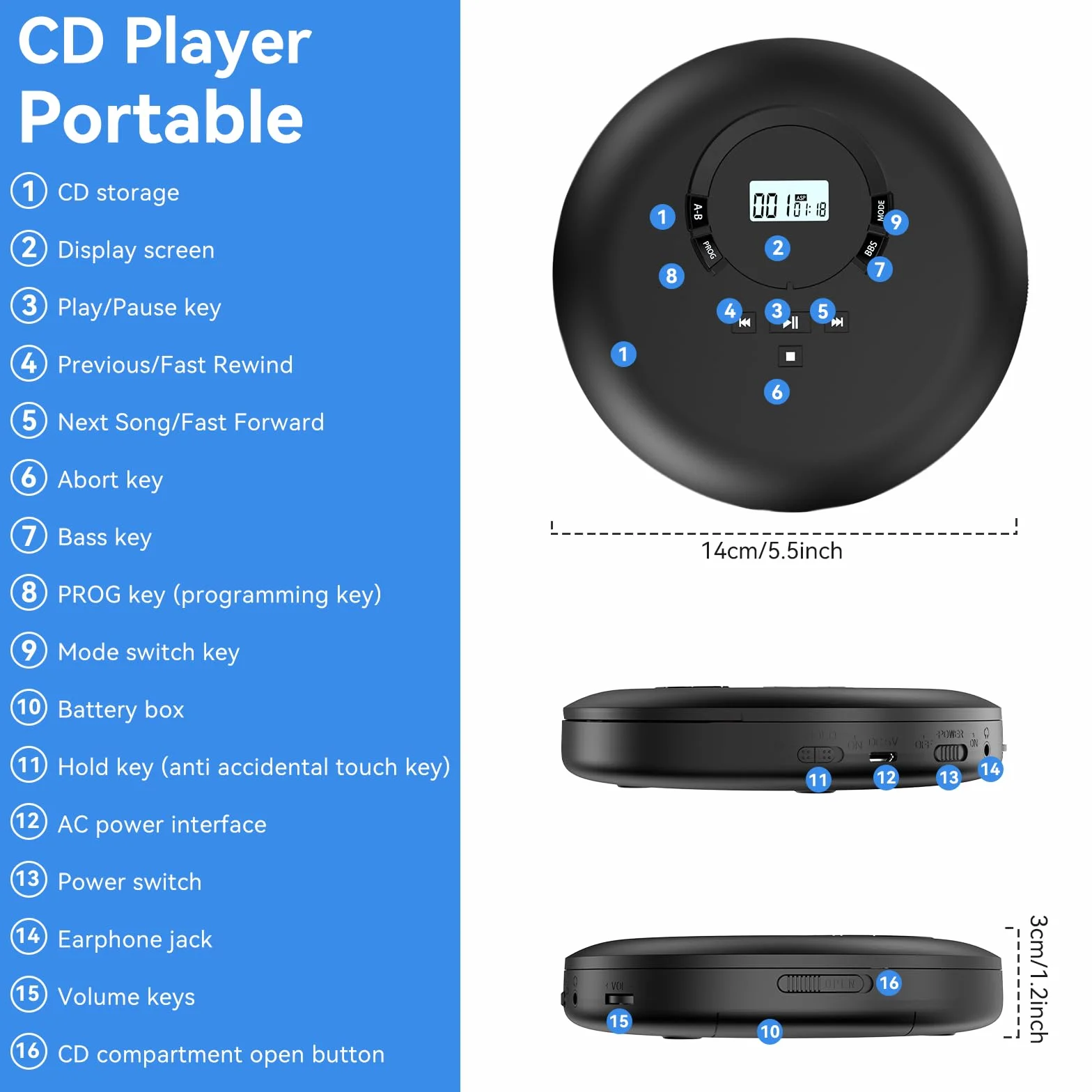 Gueray Lettore CD Portatile Hifi con display stereo cd Lettore CD con cuffie Supporto PROG ASP Funzione di memoria Funzione di ripetizione A-B Effetto BASSO