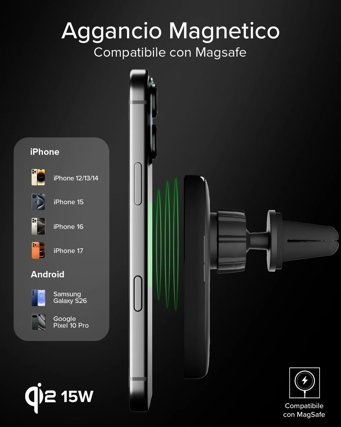 SBS Qi2 15W Caricatore Wireless MagSafe, Porta Cellulare Auto Magnetico, Attacco Bocchetta dell'Aria, Ricarica Rapida, Alimentazione USB-C, Caricabatterie per iPhone, Android, Nero | Attacco Bocchetta dell'Aria, Ricarica Rapida, Alimentazione USB-C, Caric