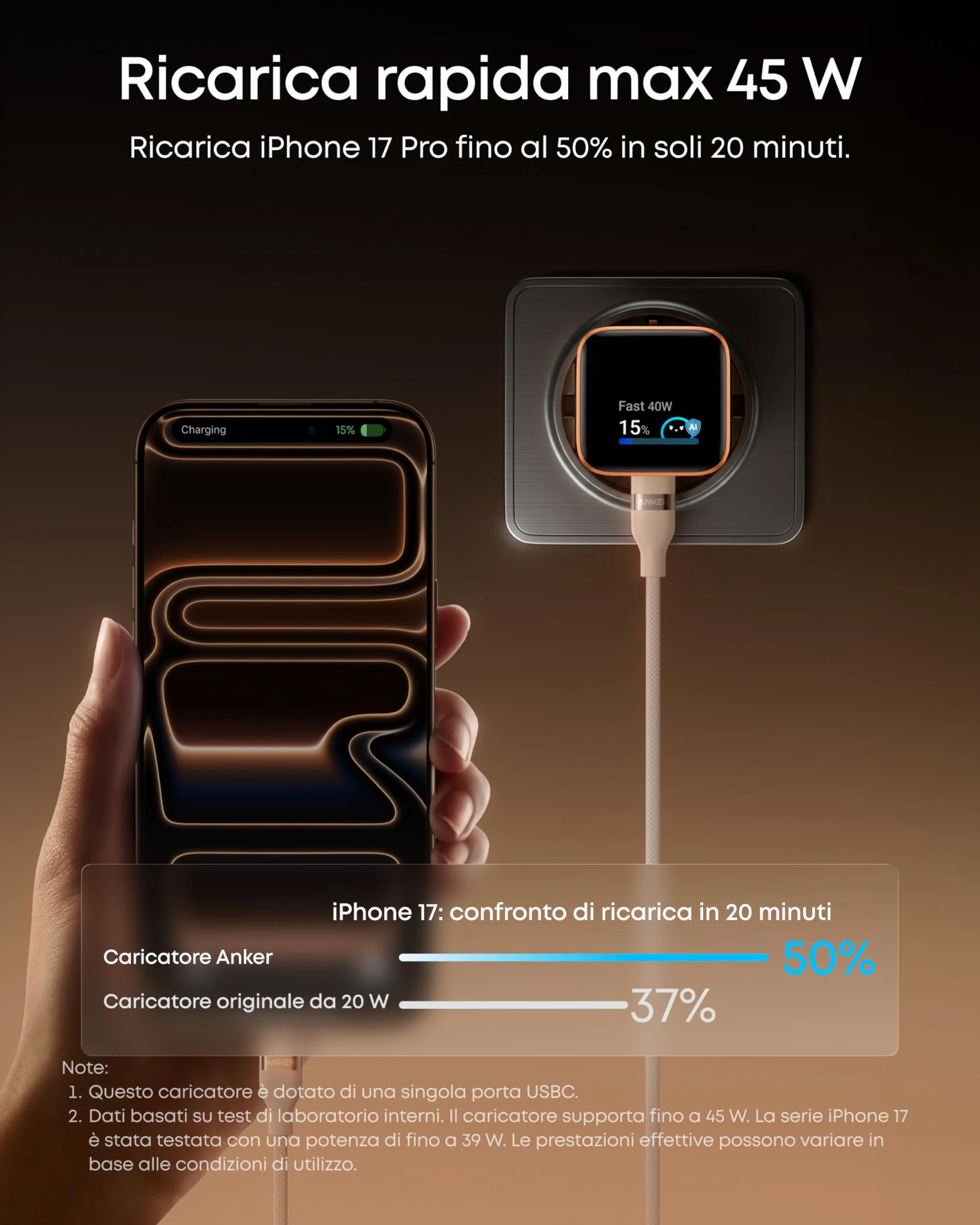 Anker Nano Caricatore iPhone da 45W con Smart Display, caricatore USB C, Ricarica Rapida, riconoscimento Intelligente, modalità Care, Design Compatto, per iPhone 17/16/15, iPad, MacBook e Apple Watch