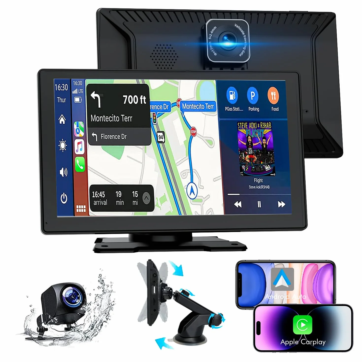 Carplay Auto, 9" Android Auto Wireless, Autoradio Bluetooth con Schermo con 1080P Telecamere Posteriori e Anteriori, Navigazione GPS, Controllo Vocale a Mani Libere, Mirror Link, AUX, FM
