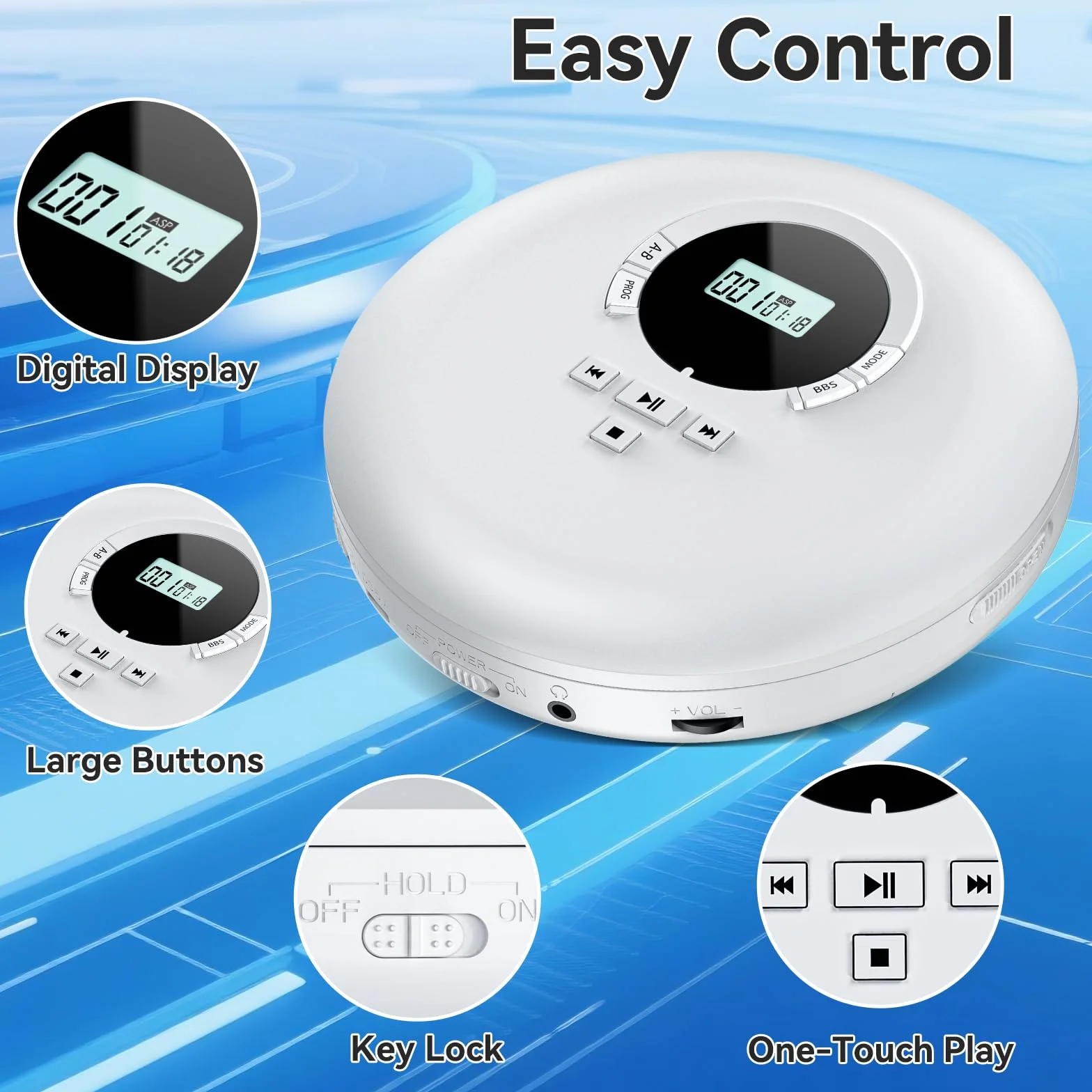 Gueray Lettore CD Portatile Lettori CD Personale con Cuffie Display LCD Anti-Skip Protezione HiFi Classico CD Lettores di Musica Memoria per Auto Casa-Bianco