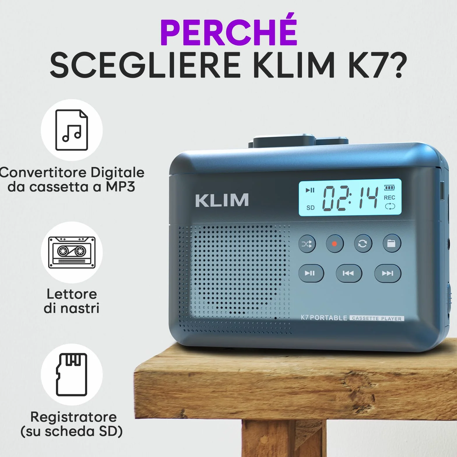 K7 Cassette Player - Convertitore Cassette MP3 - Lettore Cassette Audio Portatile - Microfono e Altoparlante Incorporati - Batteria Ricaricabile - Auricolari - Scheda SD da 16 GB - Blu