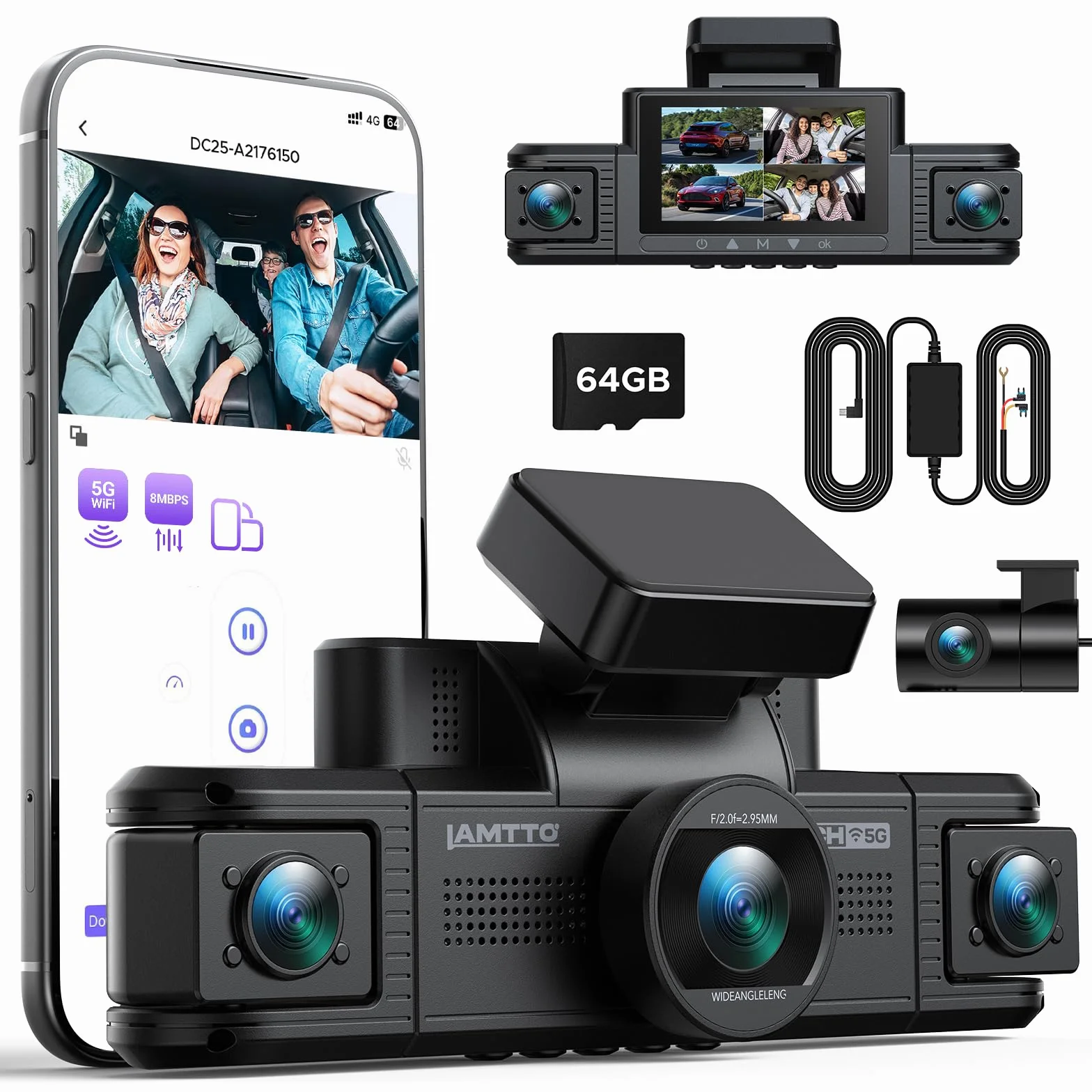 LAMTTO Dash Cam Auto 4 Canali 360°, Telecamera Auto 2K Anteriore + 1080P Posteriore, Interno e Laterali, WiFi 5GHz, Visione Notturna IR, G-Sensor, Dashcam con Kit Hardwire e Scheda 64GB Inclusa