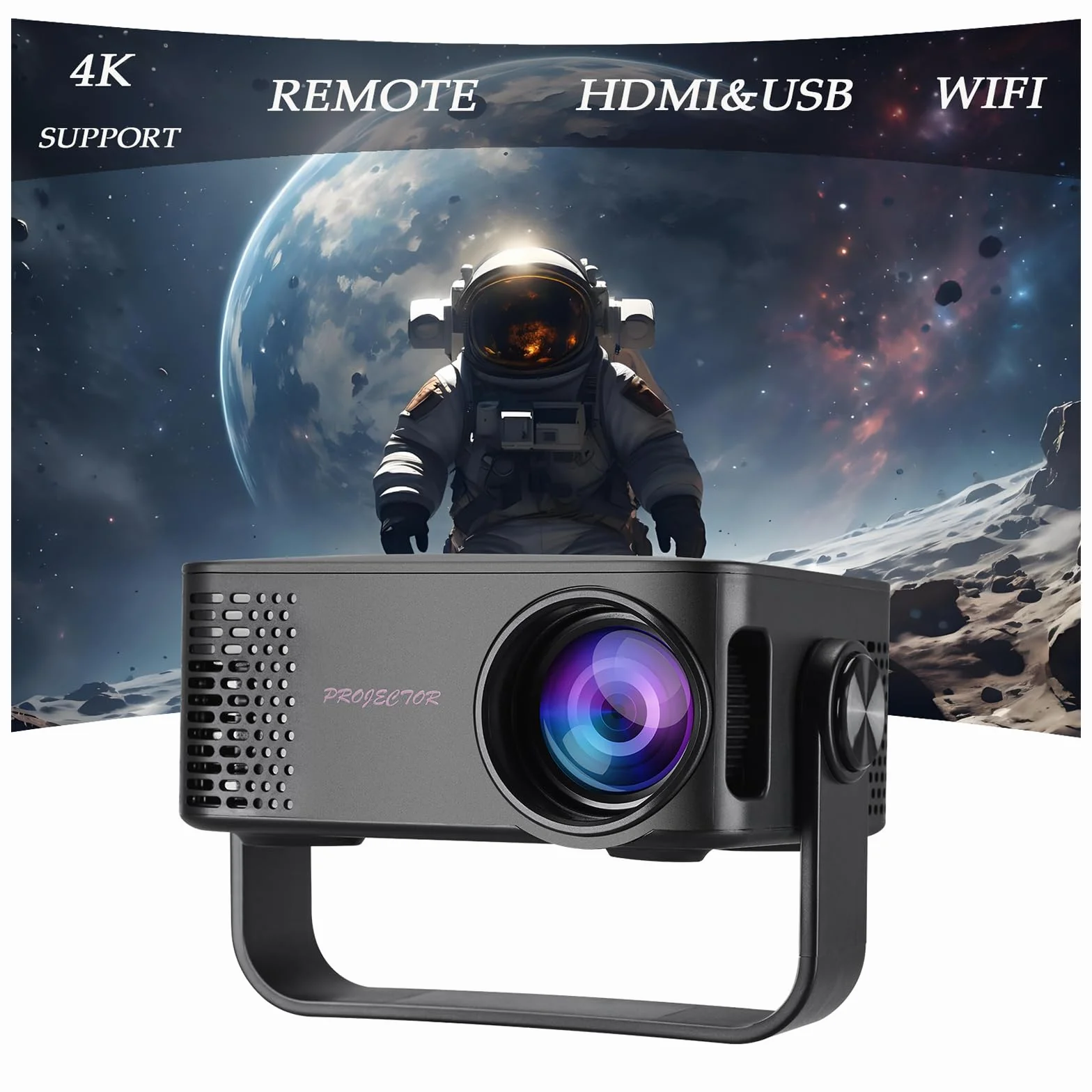 Mini Proiettore, 4K 1080P Proiettore Portatile con Zoom, Support WiFi Rotabile 360°, Video Projector TV Home Cinema per Cellulari Tablet/Laptop/PC/HDMI/USB(Nero)