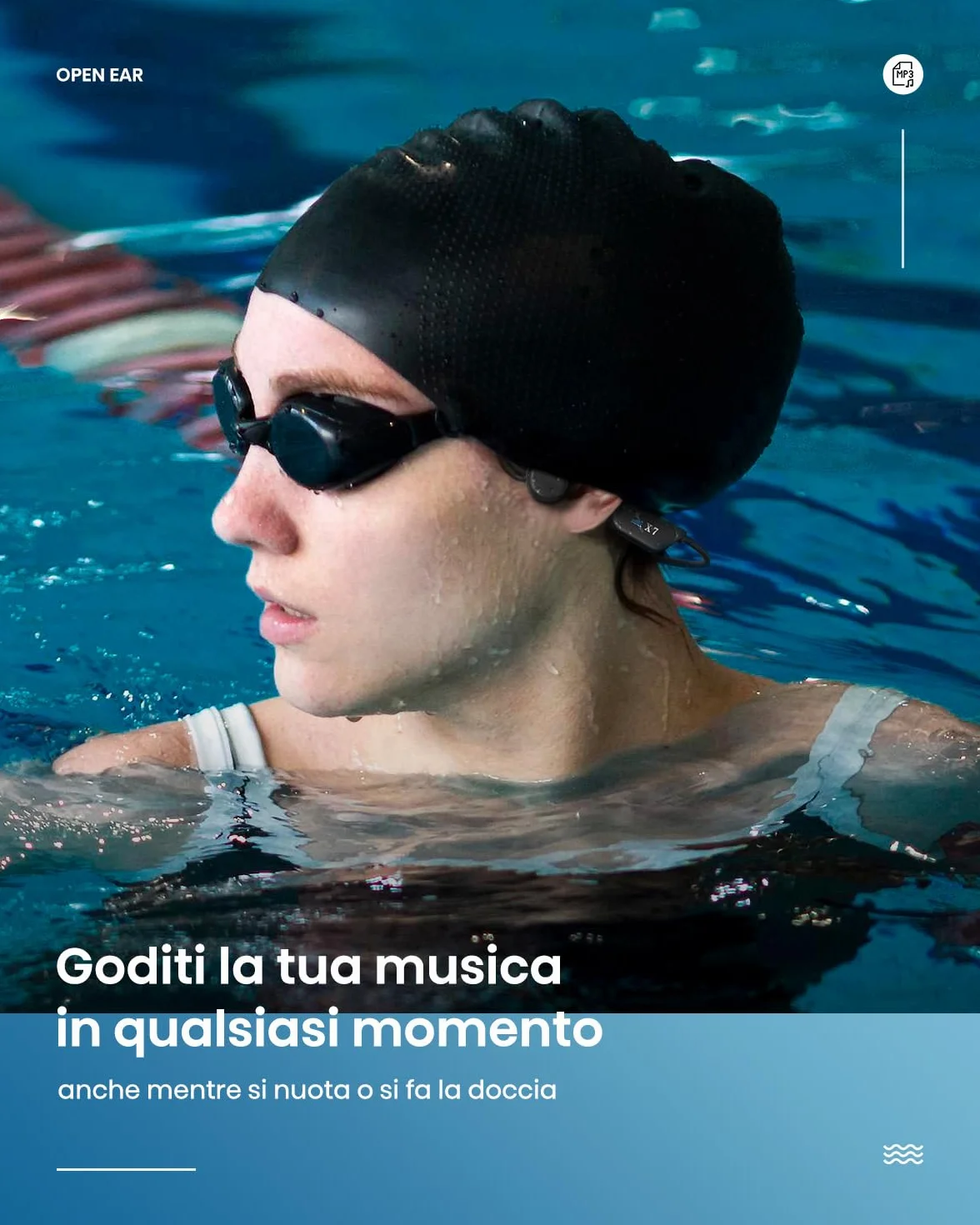 Cuffie Conduzione Ossea, Cuffie Nuoto per Piscina IP68, Auricolari Conduzione Ossea Bluetooth 5.4, Built-in MP3 32G Memoria, Auricolari Subacquee per il Surf, Nuoto, Corsa, Ciclismo