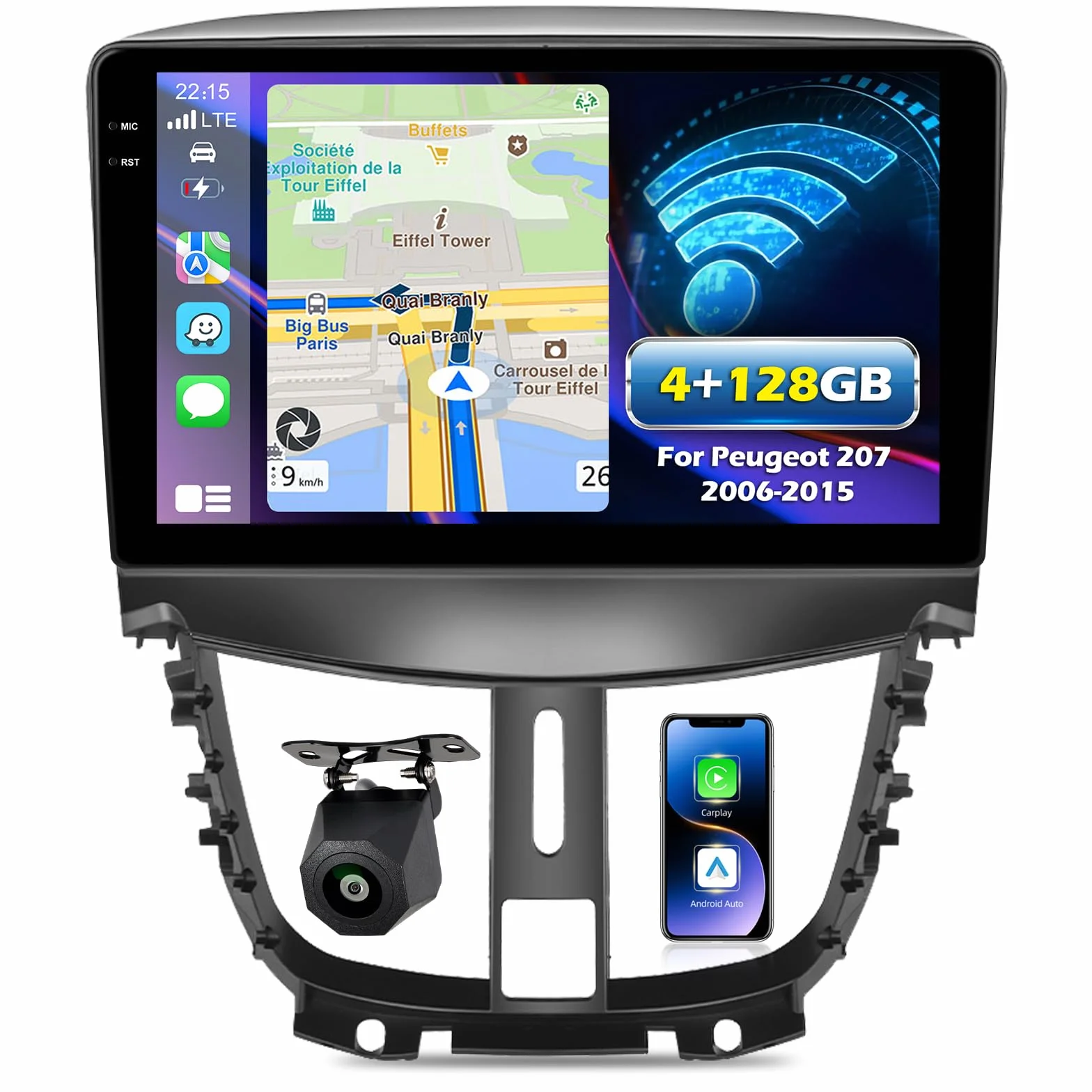NHOPEEW 4+128G Android Autoradio per Peugeot 207 2006-2015 con Wireless Carplay e Android Auto - Schermo incell da 9 pollici Supporto WiFi GPS Comandi al volante + Telecamera di retromarcia, Canbus