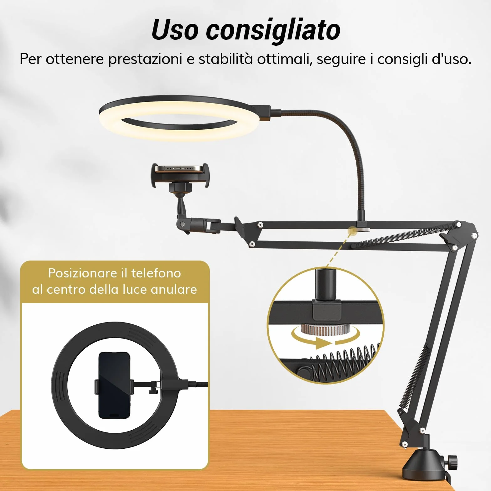 Kit luce anulare TONOR, luce anulare da 10" con braccio Heayy Duty e supporto per telefono, angolo regolabile, adatta per registrazione video, streaming live, disegno, trucco per unghie