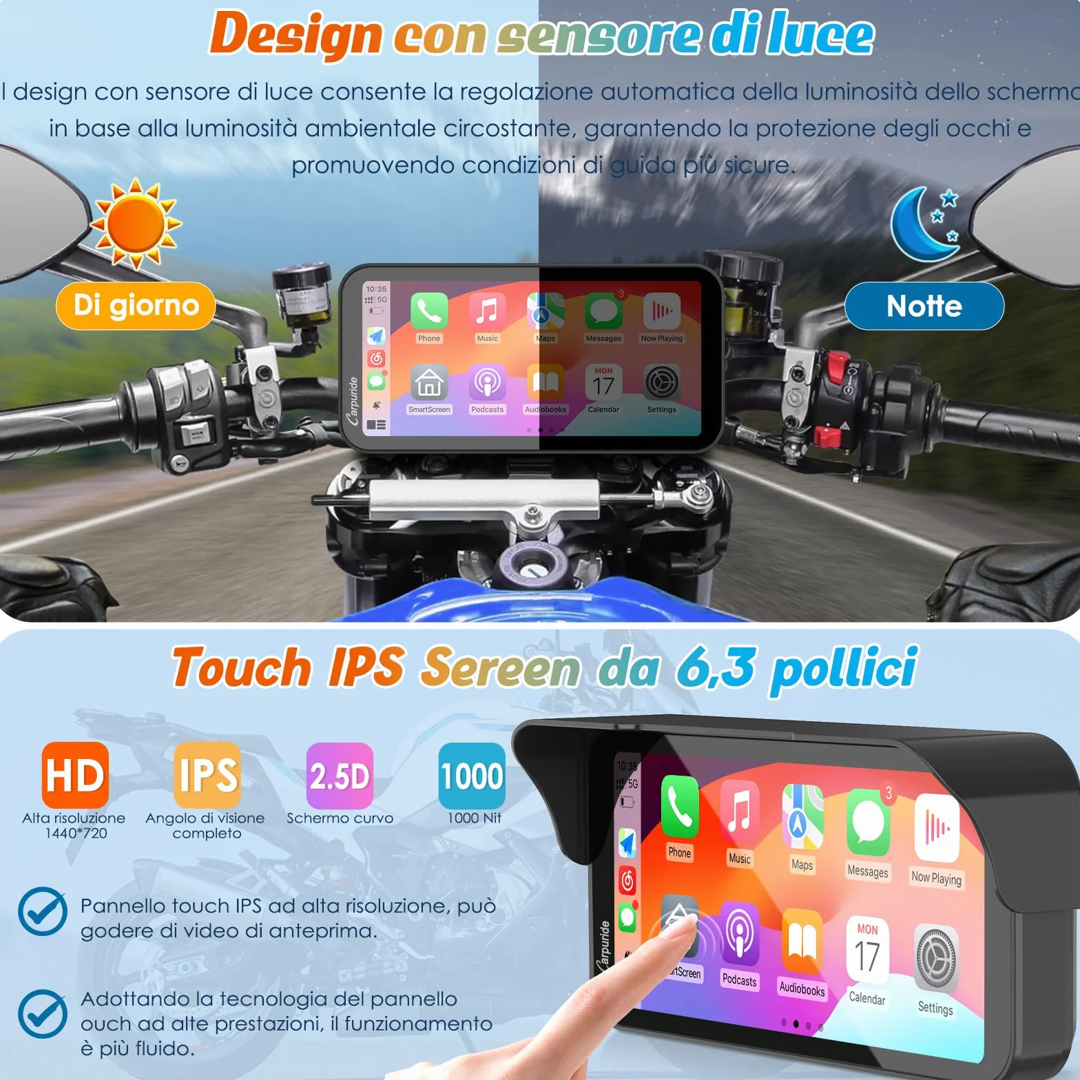 Carpuride W603 Schermo Carplay per Moto, CarPlay Wireless e Android Auto per Moto, Telecomando, Touchscreen Impermeabile da 6,3", Audio BT, Navigazione GPS, Siri, Assistente G00gle