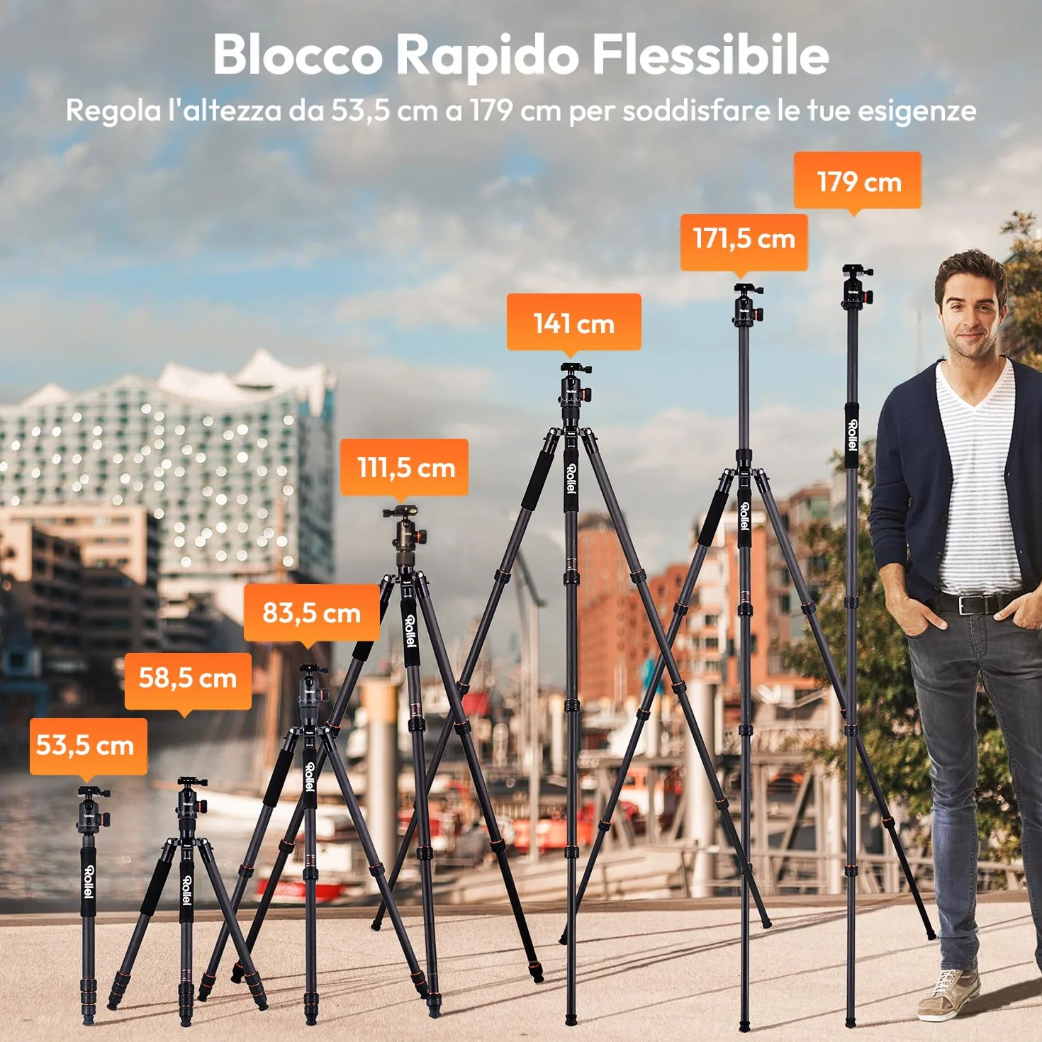 Rollei C6i Treppiede Fotocamera Nero, 171,5cm Cavalletto Fotografico Carbonio Viaggio con Testa Sfera a 360° Tripod Camera per Sony Canon Nikon DSLR Treppiede per Smartphone con Supporto per Telefono