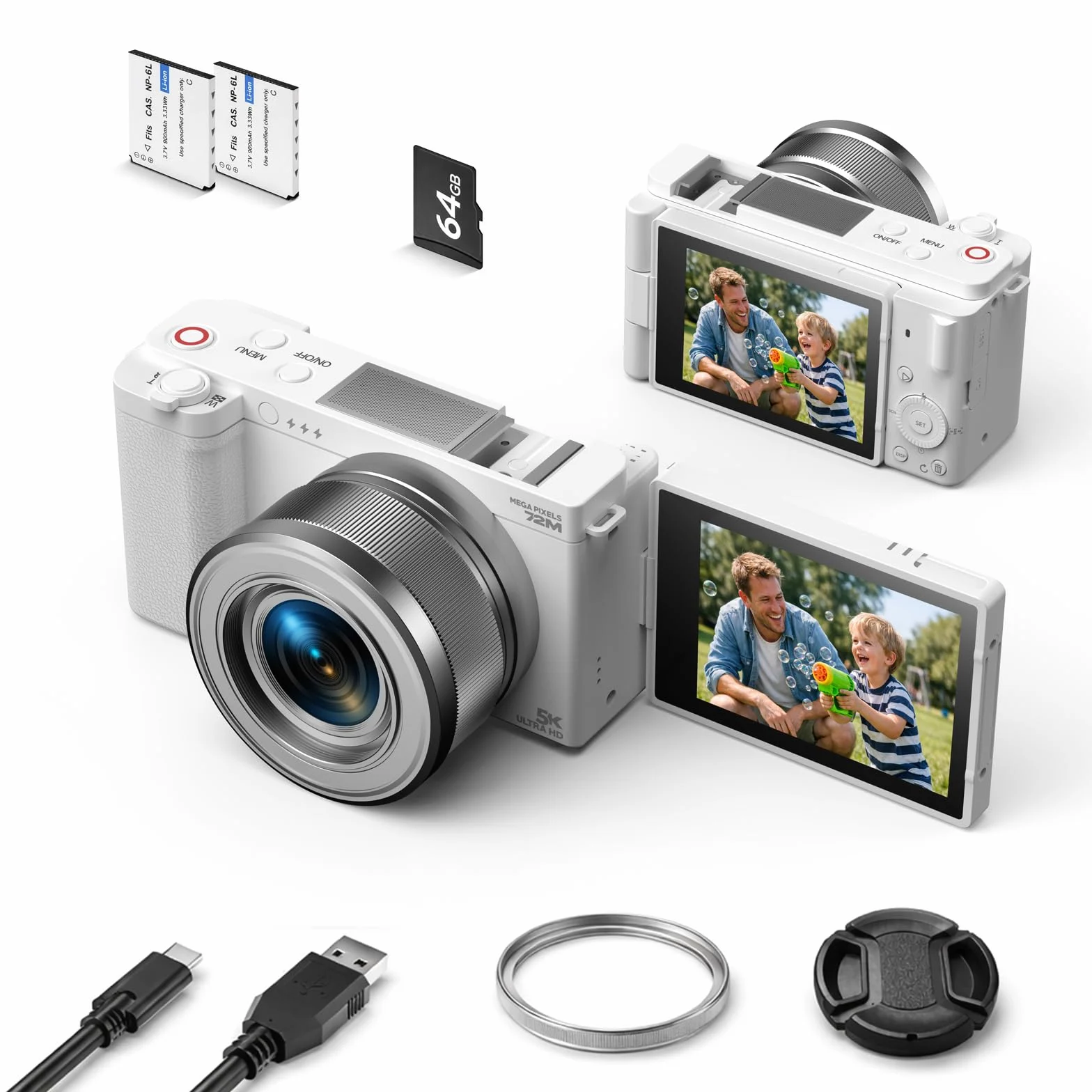 Fotocamera Digitale 5K 72MP Compatta, Zoom Ottico 6X, Schermo Orientabile 180° da 2,8 Pollici, Anti Oscillazione, Autofocus, Scheda 64GB e 2 Batterie, Ideale per Vlog e Viaggi