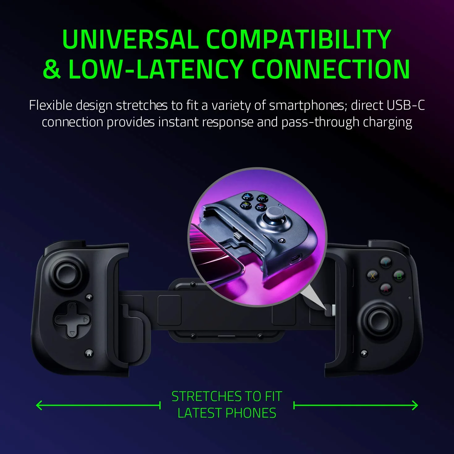 Razer Kishi per Android - Controller Di Gioco Per Smartphone, Connessione USB-C, Design Ergonomico, Adattamento Individuale per Telefoni Cellulari, Stick Analogico, Latenza Bassa- Nero