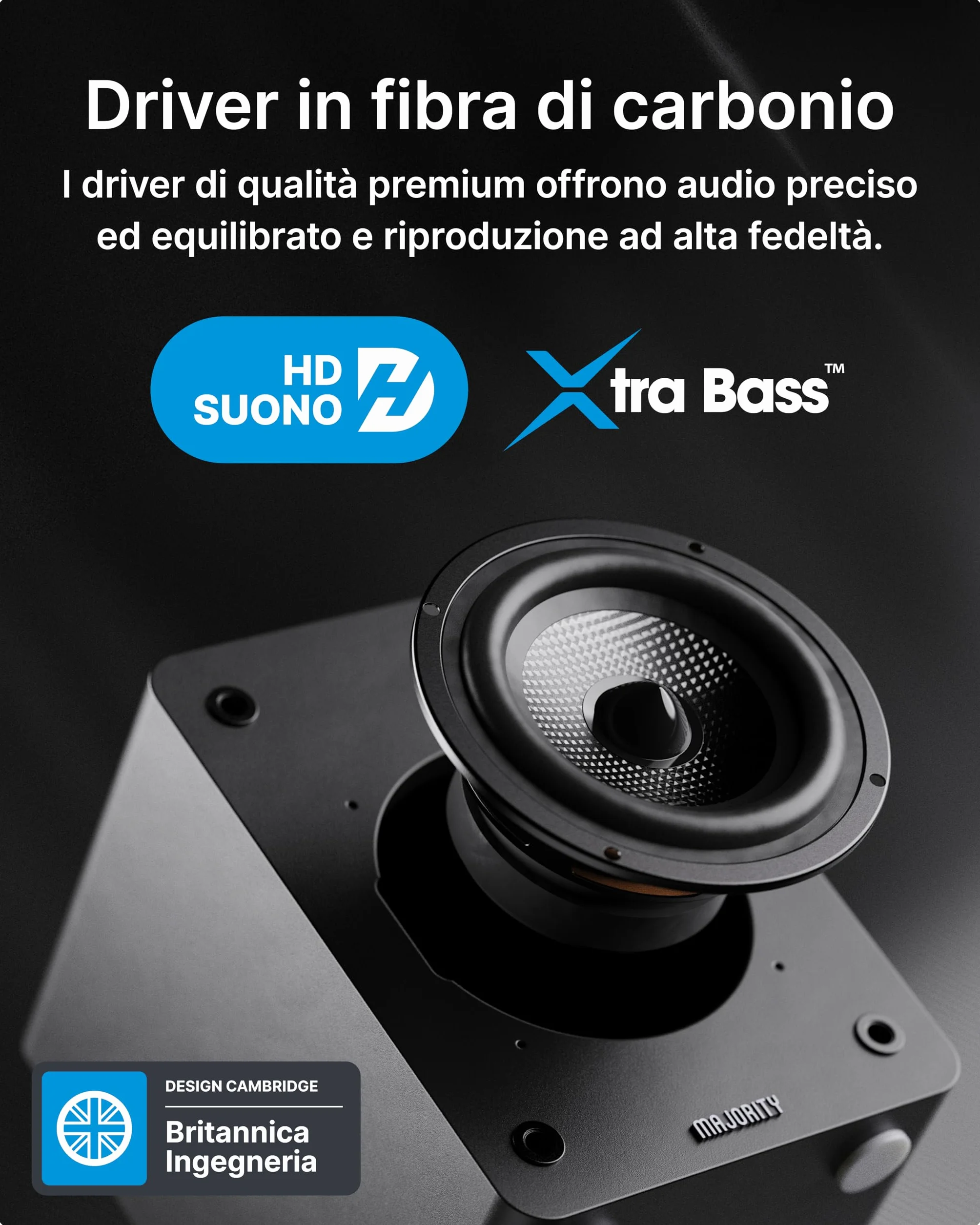 Majority D50X altoparlanti | casse attive amplificate coppia 2.0 da 60W per PC | Hi-Fi con HDMI ARC e AUX | casse acustiche da scaffale Bluetooth 5.3 | Monitor Studio in fibra di carbonio (Nero)