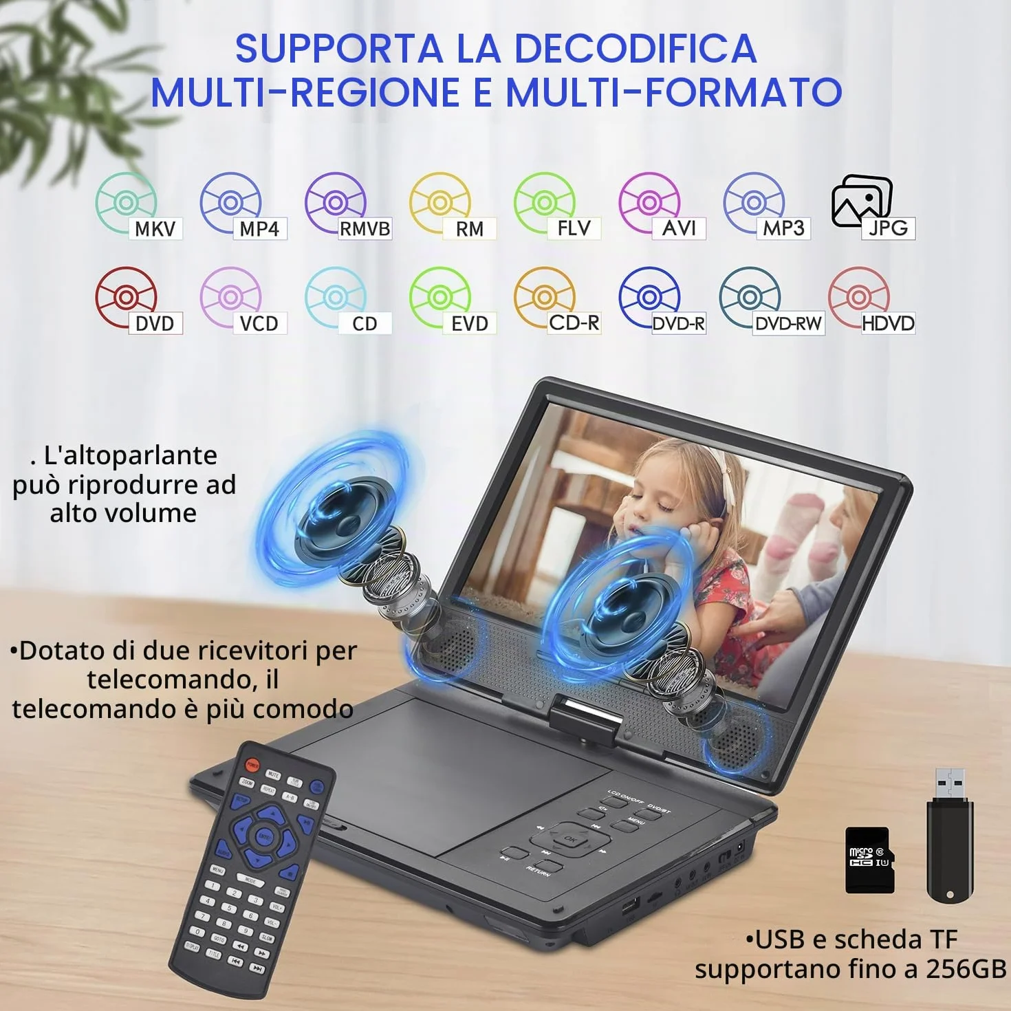 YOOHOO Lettore DVD portatile Bluetooth 12,5" schermo girevole 10,5" per bambini batteria ricaricabile riproduzione MKV/MP4/WAV/CD