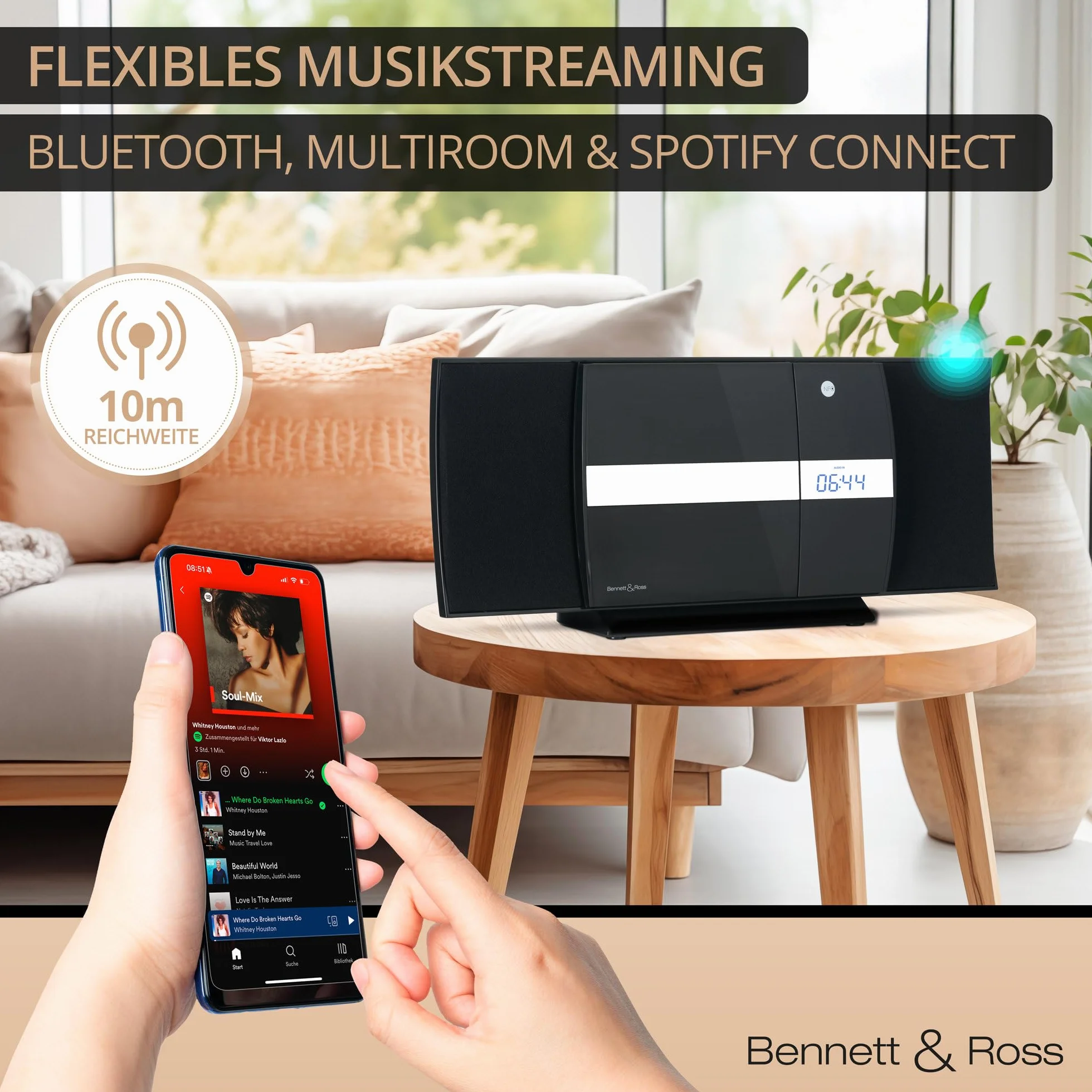 Bennett & Ross Ålesund Impianto stereo verticale - Microchaîne hi-fi avec lecteur CD, MP3, fonction UKW, USB et Bluetooth avec NFC - Installation sur pied ou murale - Telecomando incluso - Nero