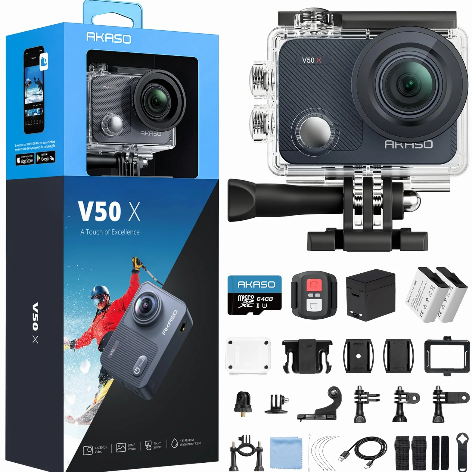 AKASO V50 X Action Cam 4K 20MP con 64GB microSDXC U3 Scheda di Memoria, Videocamere WiFi EIS 40M Fotocamera Subacquea Touch Screen, Telecomando, Custodia Impermeabi