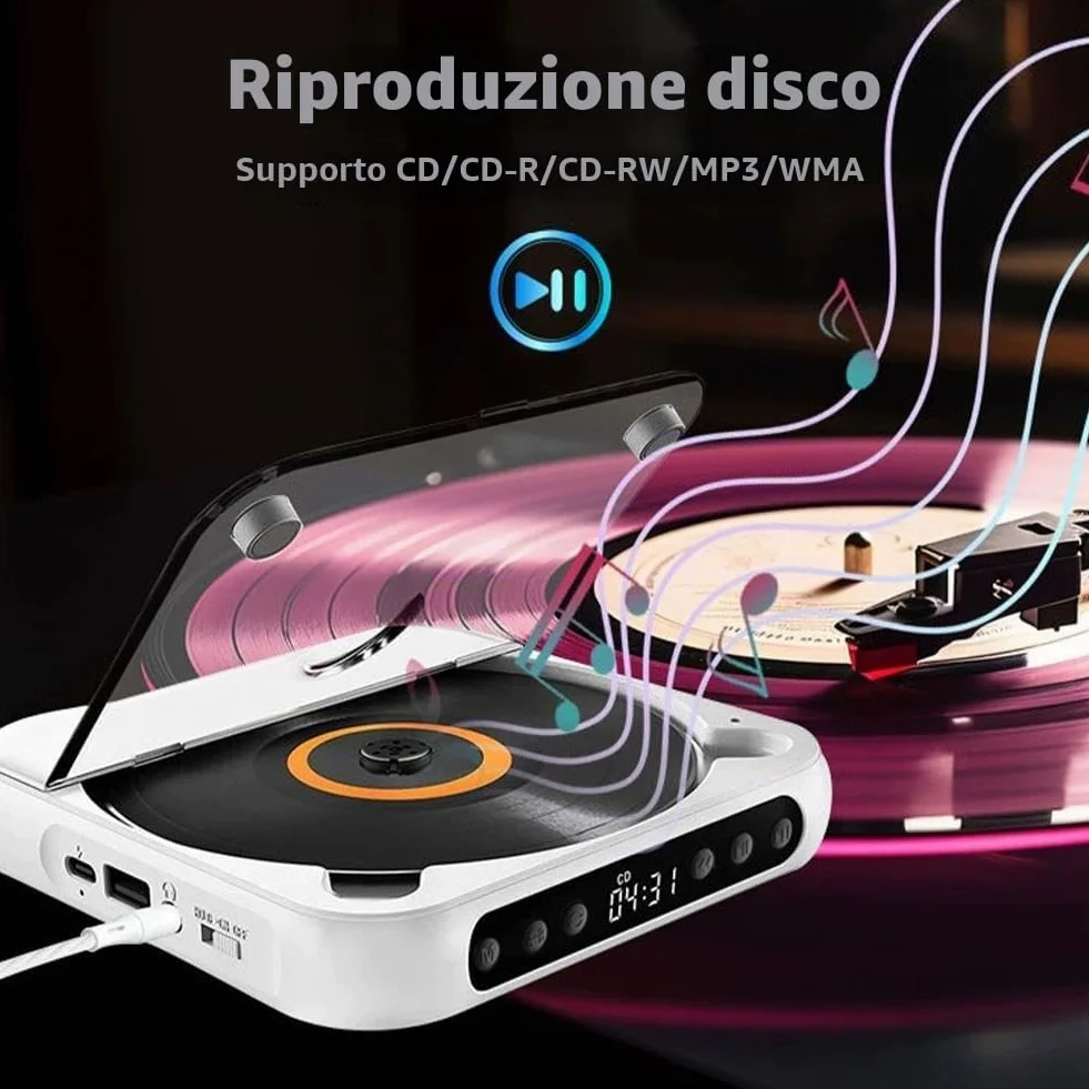 Lettore CD portatile con Bluetooth, piccoli lettori CD Hi-Fi con altoparlante, riproduttore compatto per auto/studio/viaggi, con cavo USB-C e auricolari (nero)