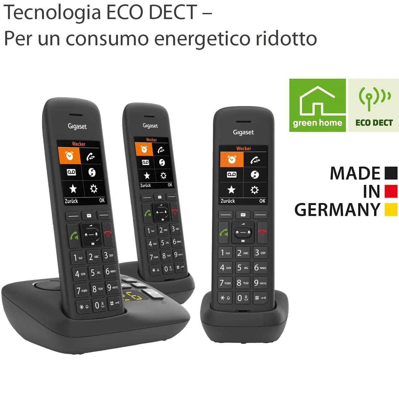 Gigaset C575A Trio - Cordless Trio con segreteria telefonica - possibilità di passare la chiamata da un portatile all'altro, Nero [Versione Italiana]