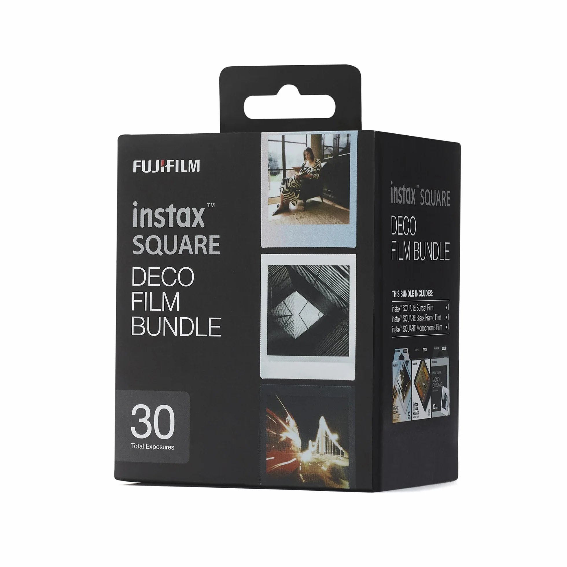 instax SQUARE DECO film bundle pellicole, 30 scatti, 3 pacchi da 10 scatti, motivo bordo Black, Sunset e pelicole Monchrome