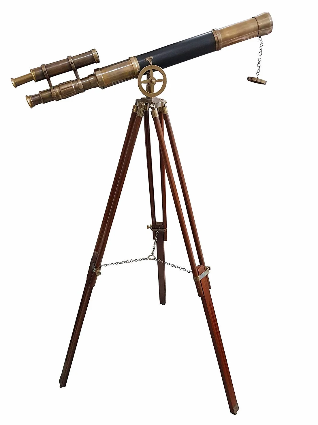 Marittimo Ottone Antico Doppio Barile Designer Telescopio con Treppiede di Legno Piano Stand Treppiedi Telescopici
