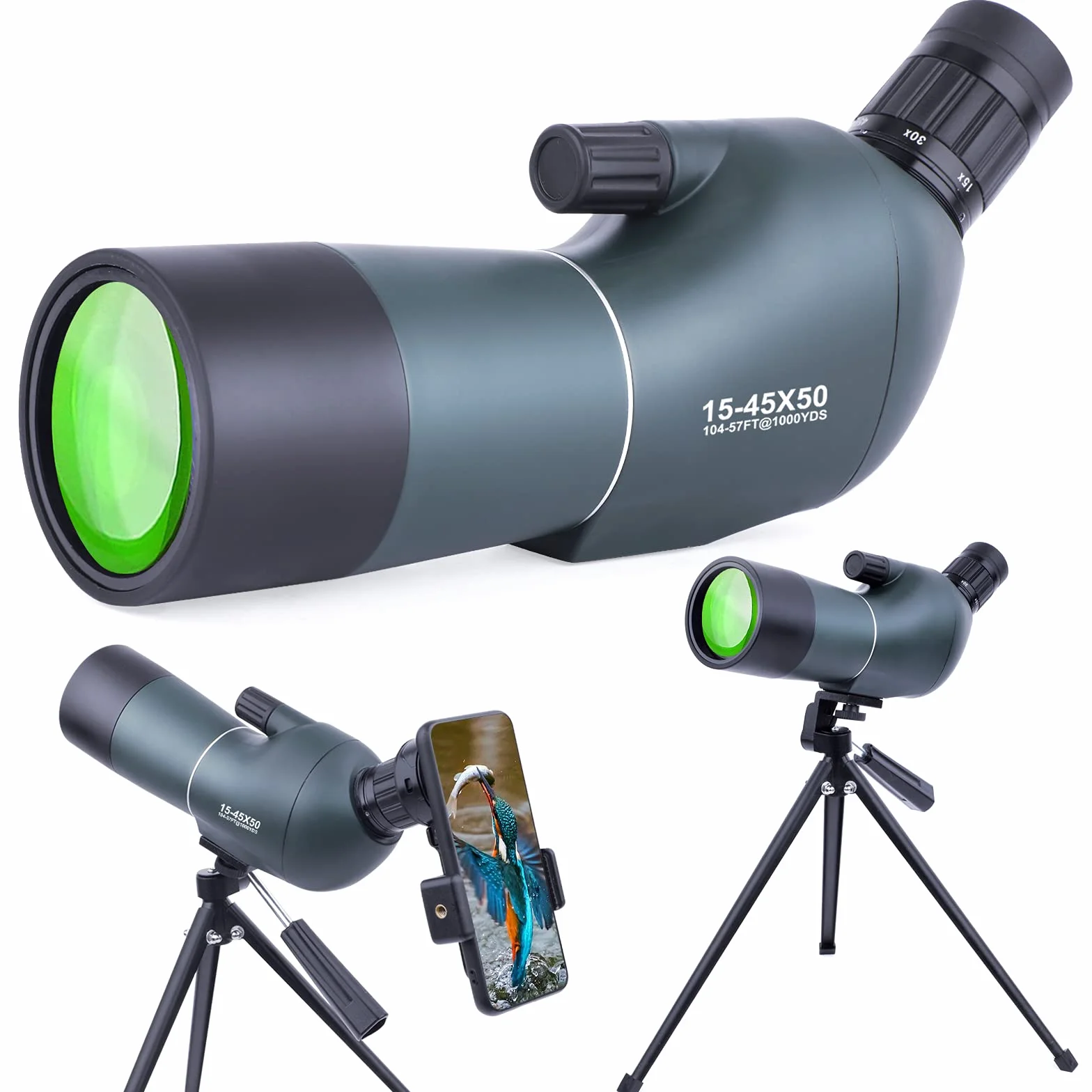 15-45x50 Cannocchiale con Treppiede, Borsa per il Trasporto e Adattatore per Smartphone, FMC Ottica Bak4 Prisma Telescopio Spotting Scope con Smartphone Adapter per Tiro a Segno Birdwatching Caccia